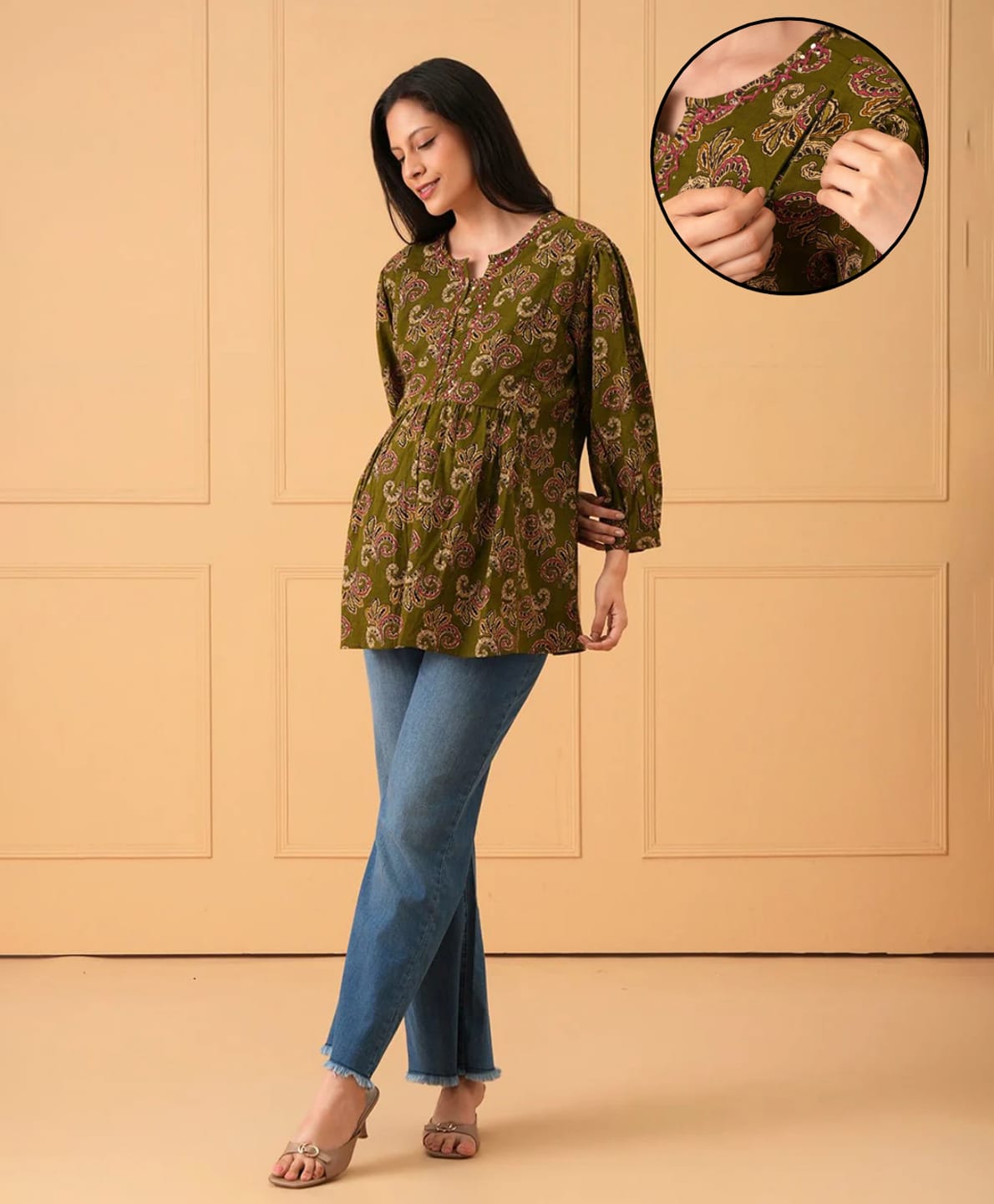 The Mom Store Cotton Woven Full Sleeves Floral Printed Side Nursing Access Top - Olive Green-picture-34