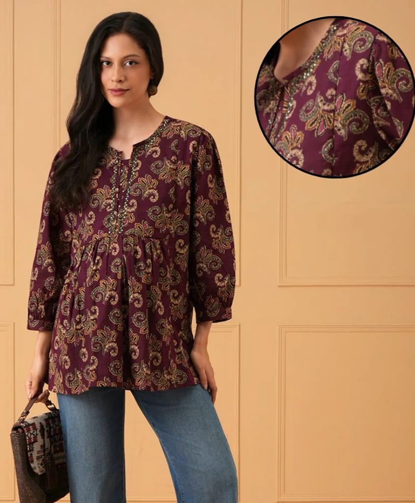 The Mom Store Cotton Woven Full Sleeves Floral Printed Side Nursing Access Top - Wine-picture-22