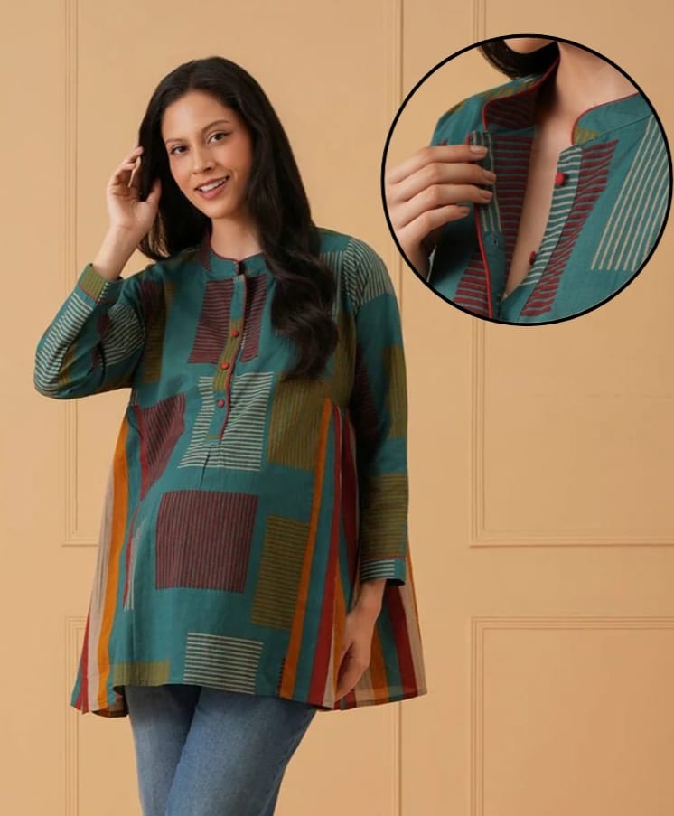 The Mom Store Cotton Woven Full Sleeves Abstract Printed Center Nursing Access Top - Teal Blue-picture-26
