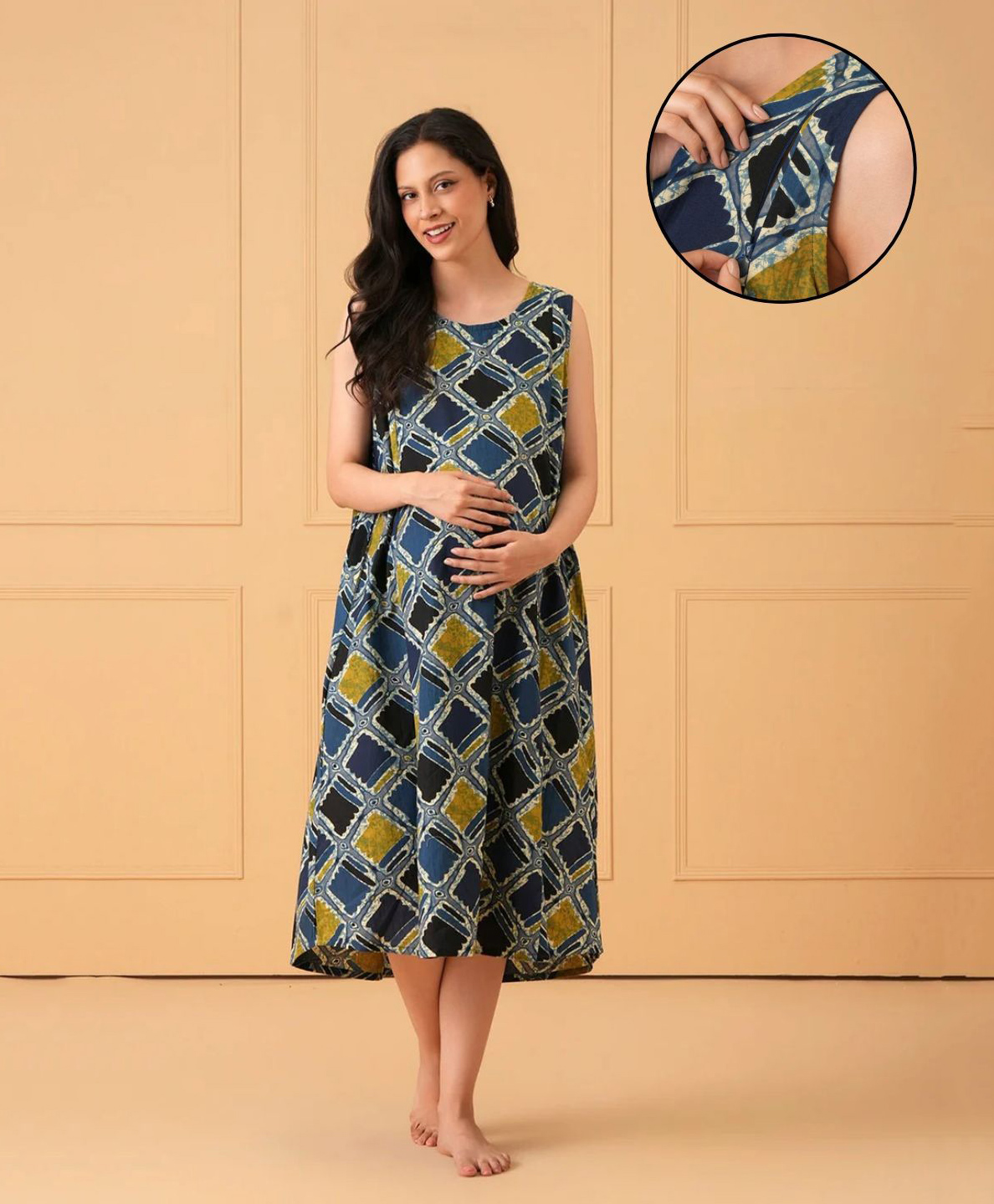 The Mom Store Cotton Woven Sleeveless Abstract Printed Maternity Nighty With Side Zipper Nursing Access - Blue-image-7