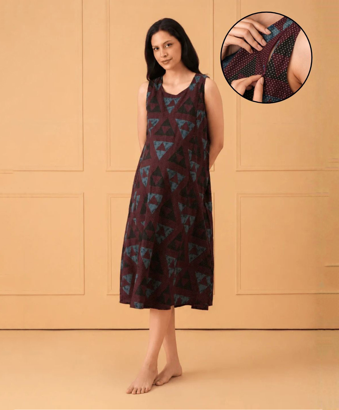 The Mom Store Cotton Woven Sleeveless Geometric Printed Maternity Nighty With Side Zipper Nursing Access - Wine-picture-24