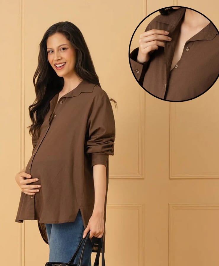 The Mom Store Cotton Woven Full Sleeves Solid Center Nursing Access Top - Dark Brown-picture-28
