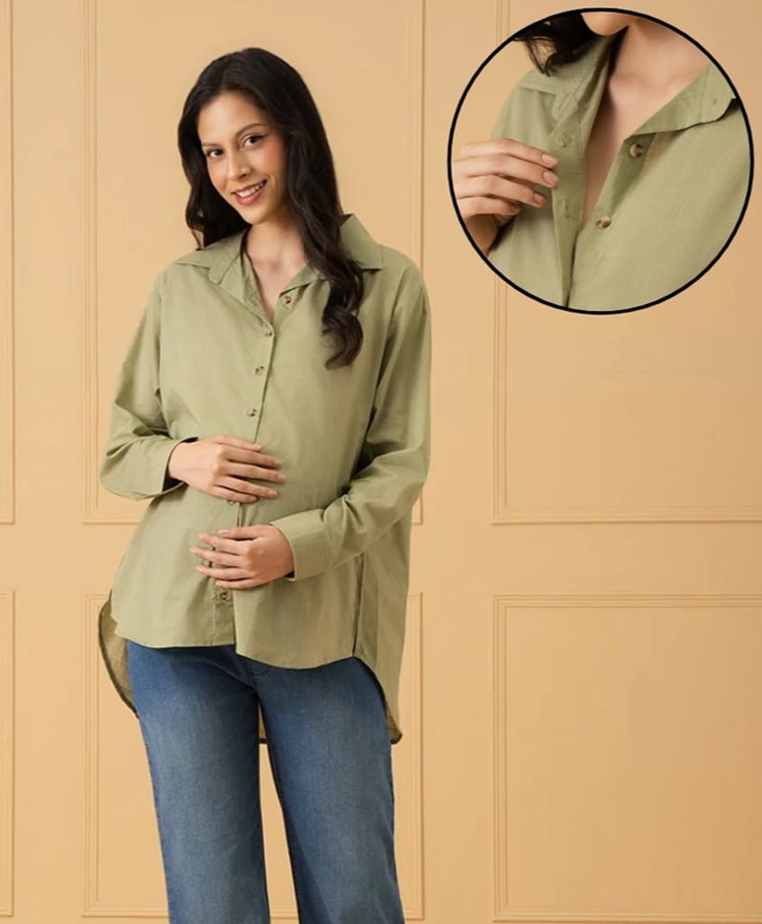 The Mom Store Cotton Woven Full Sleeves Solid Center Nursing Access Top - Olive Green-image-15