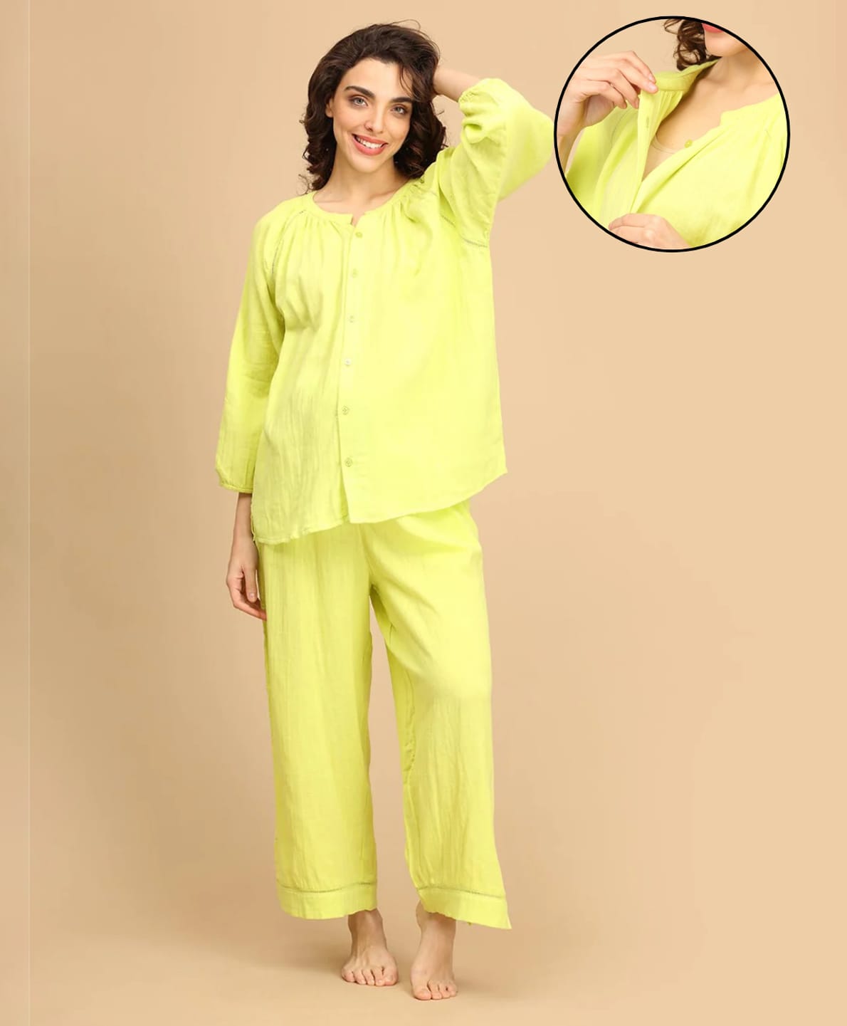 The Mom Store Cotton Three Fourth Sleeves Solid Maternity Night Suit Set - Light Yellow-picture-32