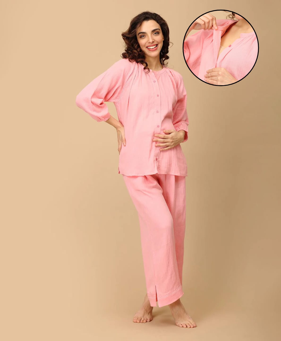 The Mom Store Cotton Three Fourth Sleeves Solid Maternity Night Suit Set - Light Pink-picture-43