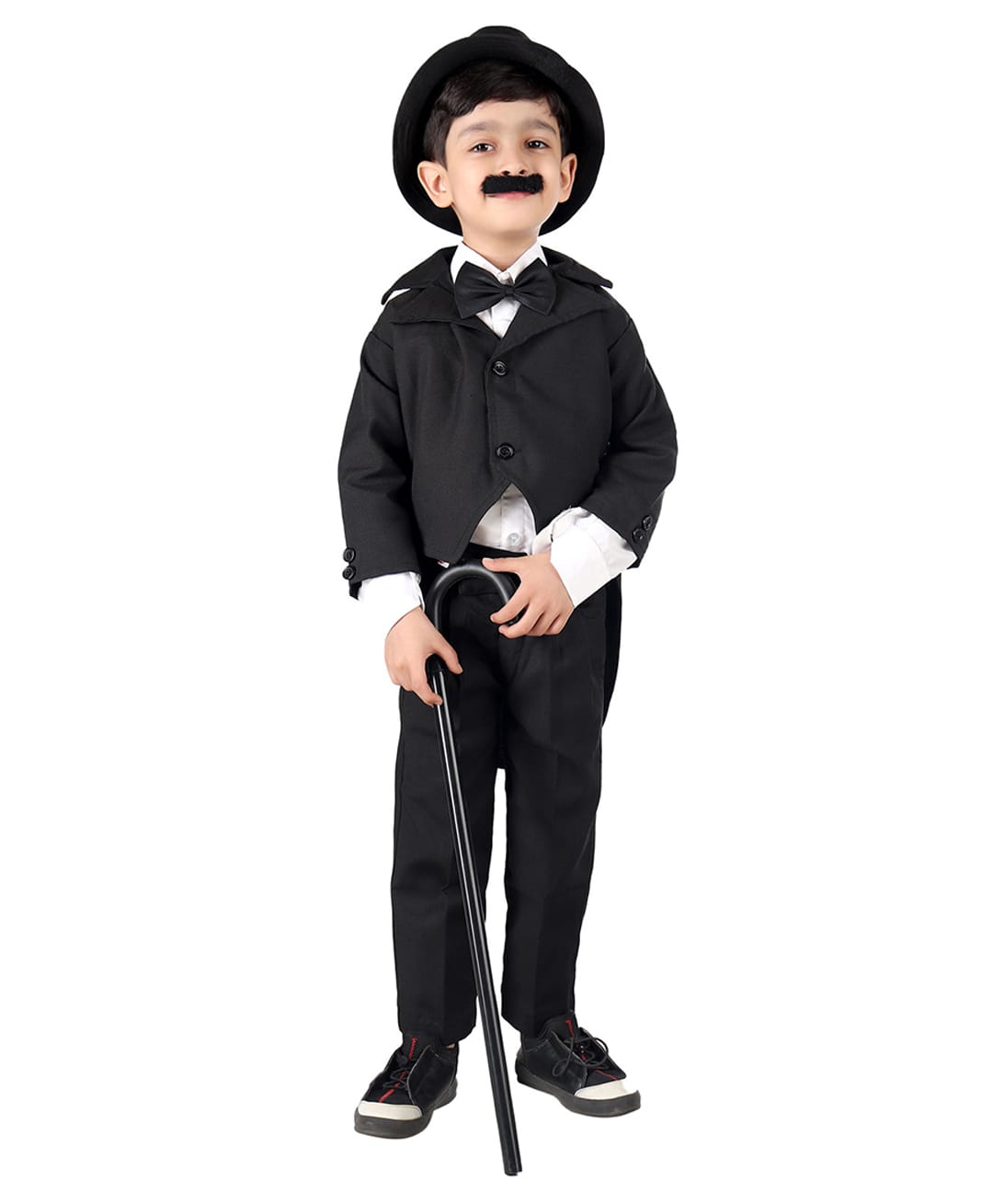 BookMyCostume Woven Full Sleeves Charlie Chaplin Theme Fancy Dress Costume Set With Stick - Black & White-image-20