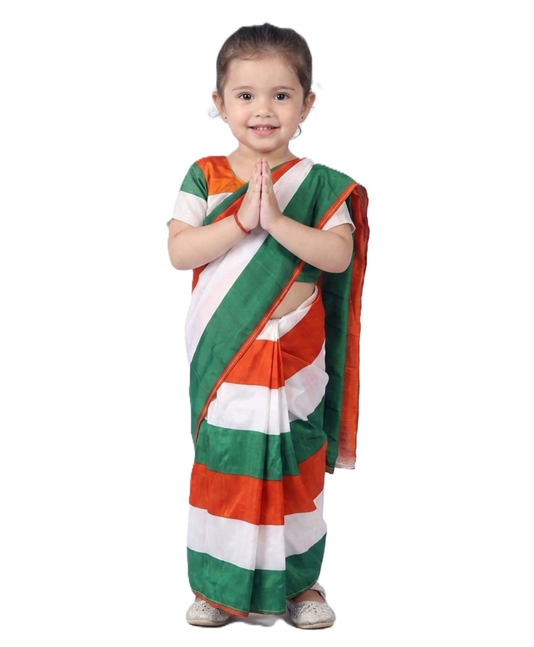 BookMyCostume Woven Independence Day Theme Half Sleeves Tricolour Designed Saree Fancy Dress Costume Set - Orange White & Green-image-6