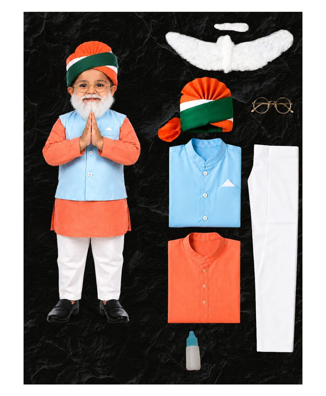 BookMyCostume Woven Full Sleeves Narendra Modi Theme Fancy Dress Costume Set - Orange White & Blue-image-38