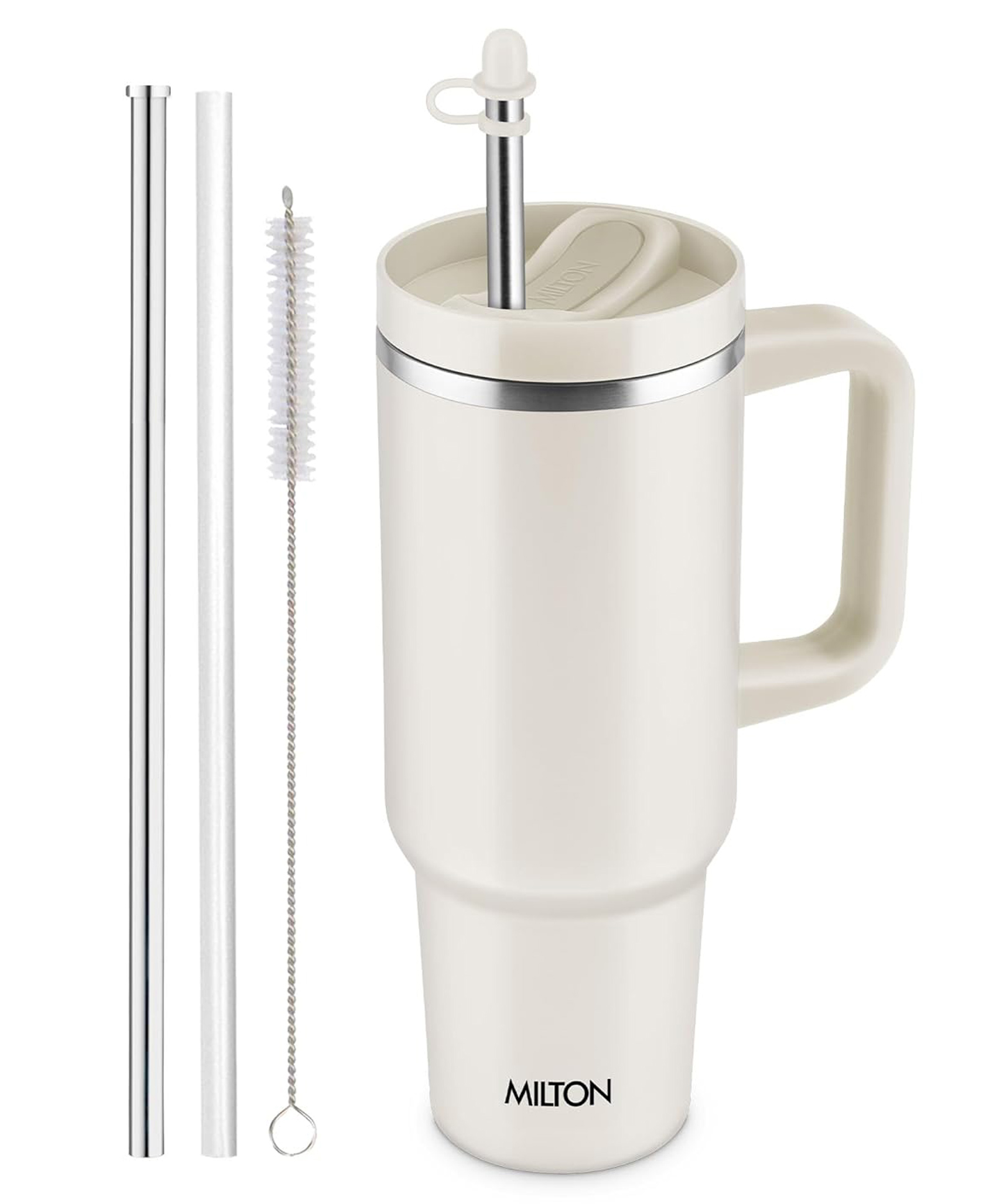 MILTON Malmo 1200 Thermosteel Double Wall Vacuum Insulated Stainless Steel Water Tumbler with Handle 1100ml,Travel Mug with Straw,Silicon Cap,Cleaning Brush,Hot & Cold Beverage Flask, Cream-picture-11