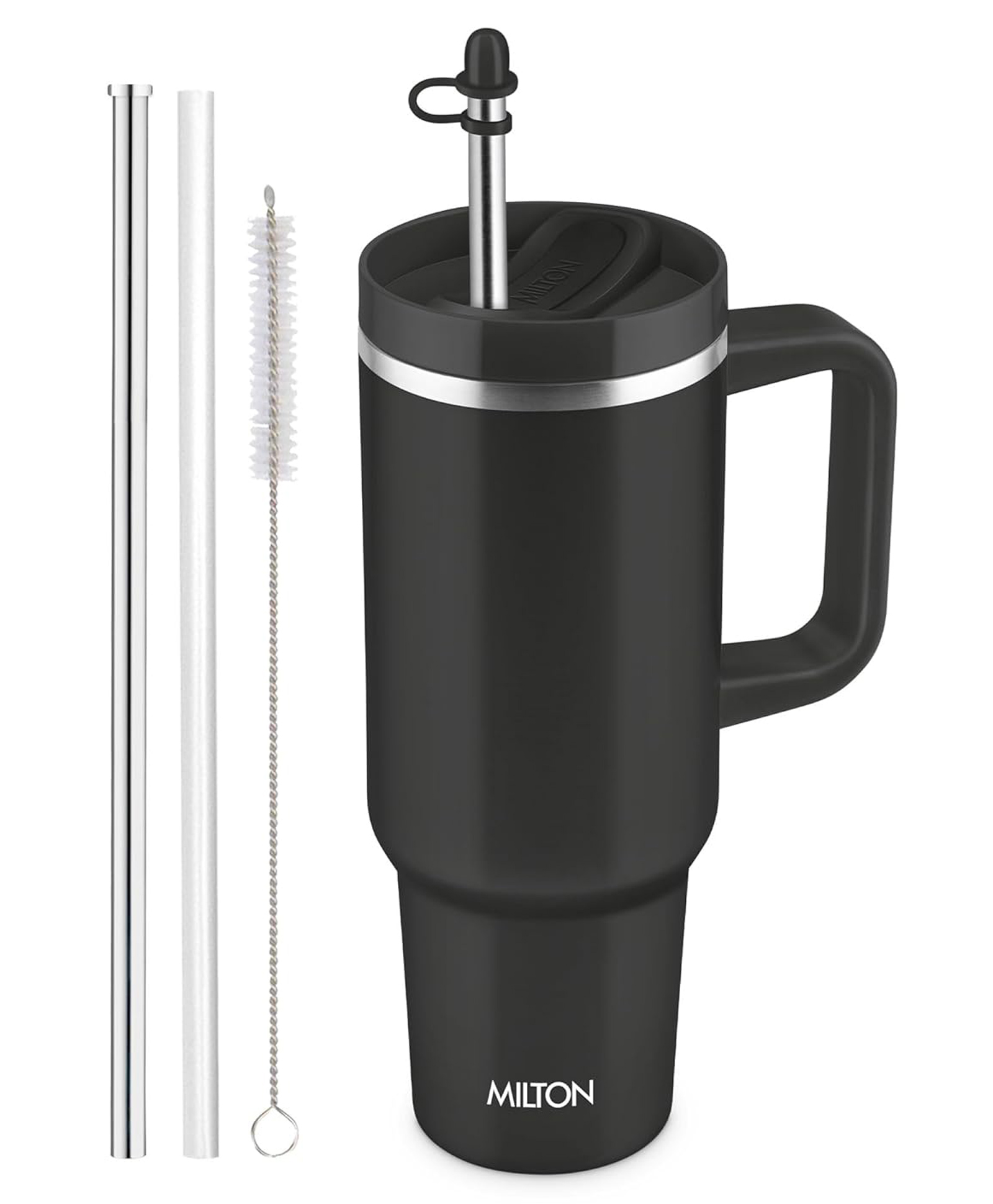 MILTON Malmo 1200 Thermosteel Double Wall Vacuum Insulated Stainless Steel Water Tumbler with Handle 1100ml,Travel Mug with Straw,Silicon Cap,Cleaning Brush,Hot & Cold Beverage Flask,Jet Black-picture-25