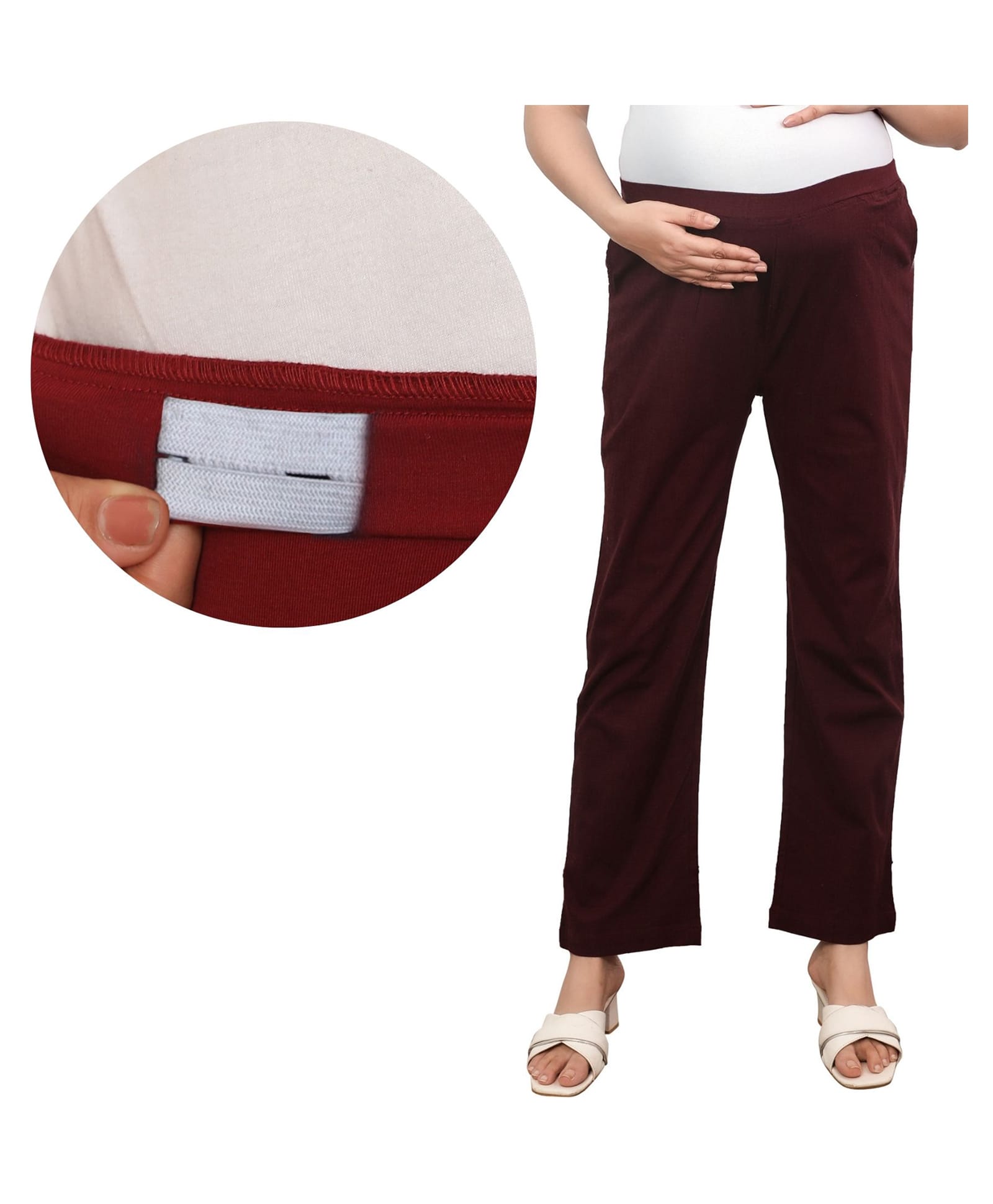 Mama & Bebe Cotton Blend Woven Solid Maternity Trouser - Maroon-picture-15