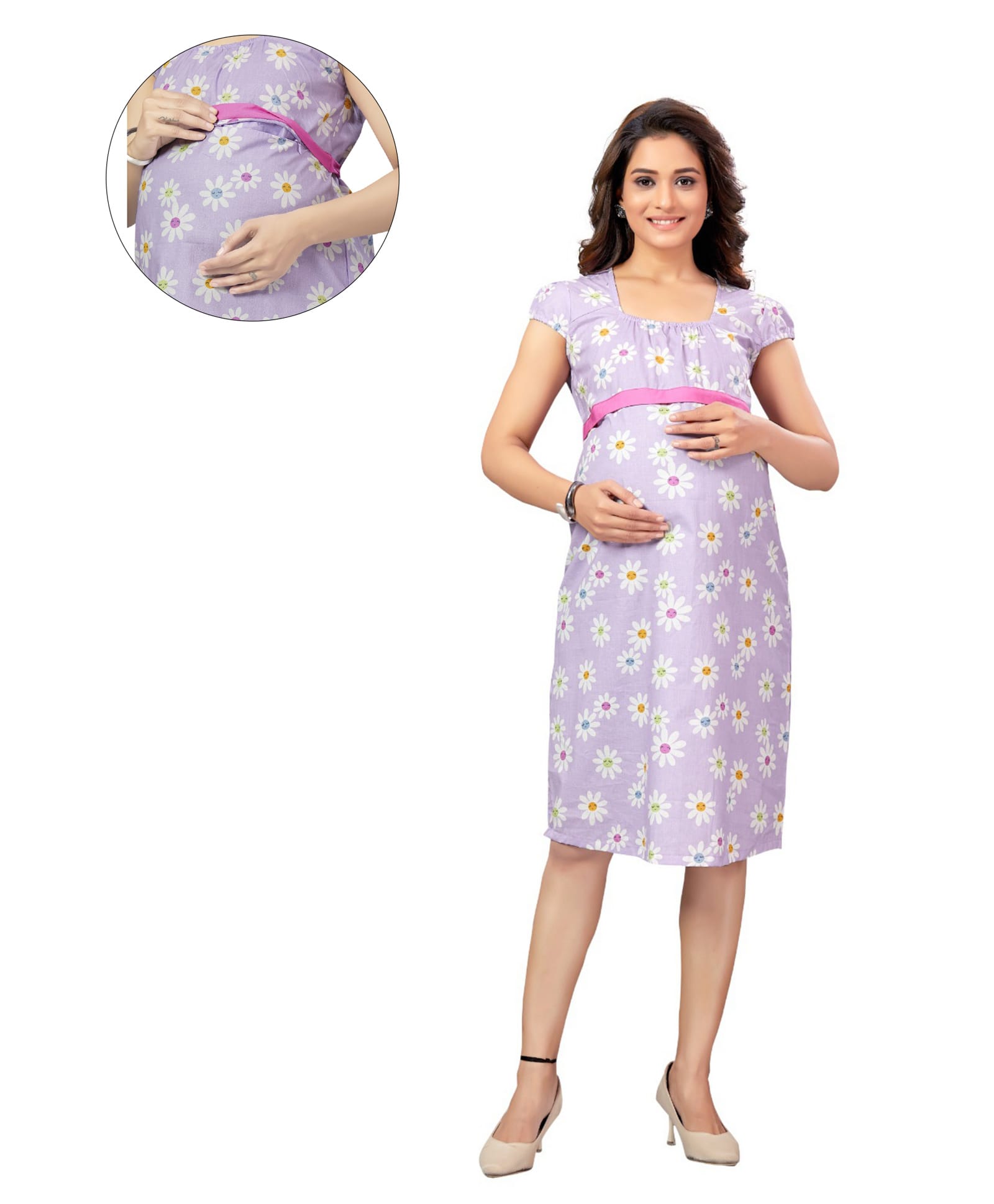 Mama & Bebe Cotton Woven Cap Sleeves Floral Printed Maternity Dress With Center Nursing Access - Purple-picture-28
