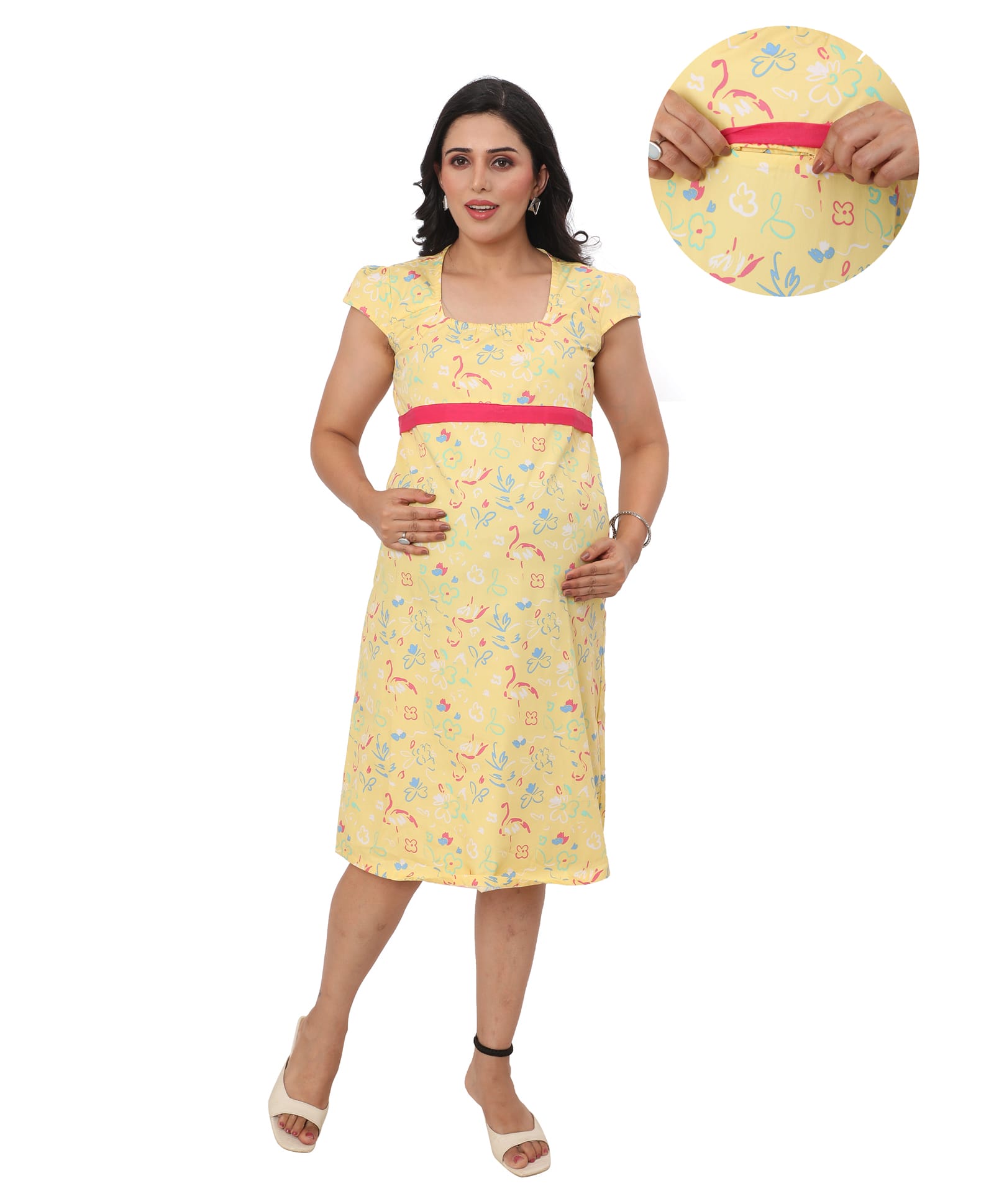 Mama & Bebe Cotton Woven Cap Sleeves Floral Printed Maternity Dress With Center Nursing Access - Yellow-picture-23