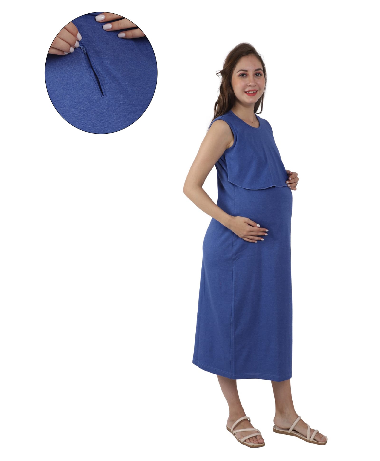 Mama & Bebe Knitted Sleeveless Solid Maternity Dress With Side Zipper Nursing Access - Ink Blue-image-31