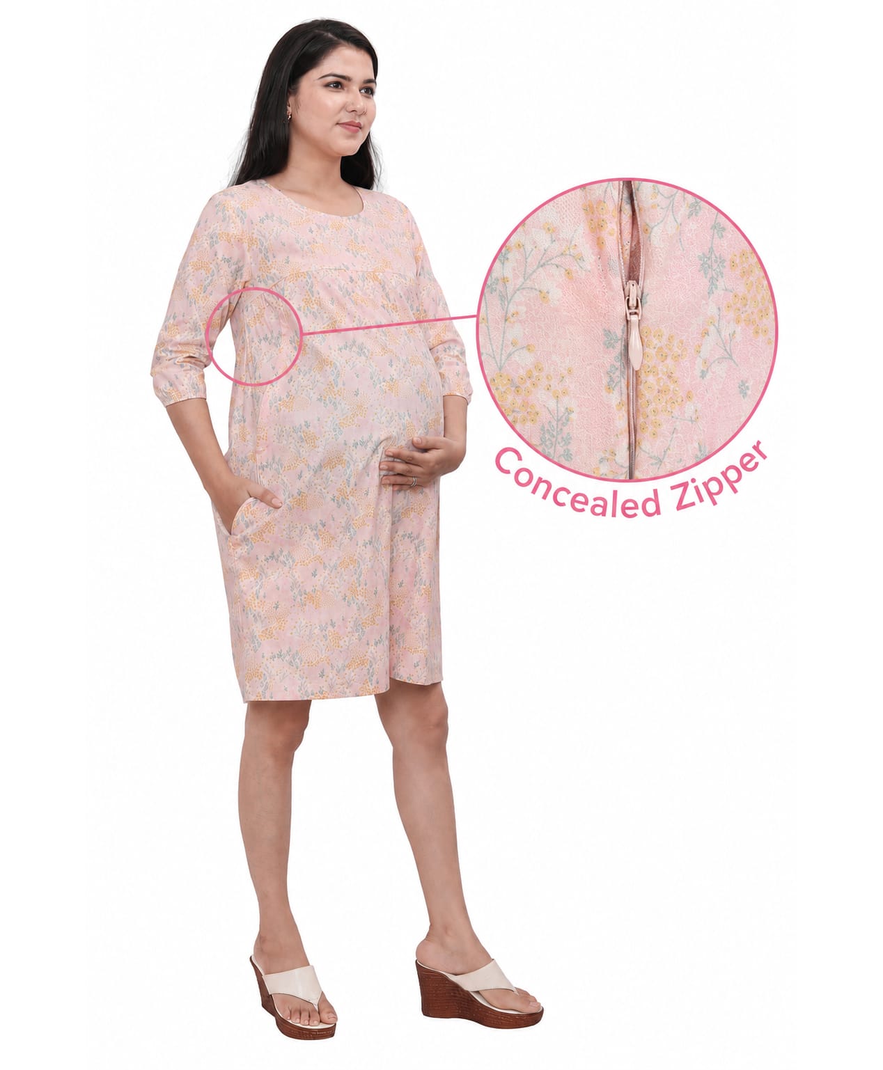 Mama & Bebe Cotton Woven Three Fourth Sleeves Floral Printed Maternity Dress With Side Zipper Nursing Access - Peach-picture-24