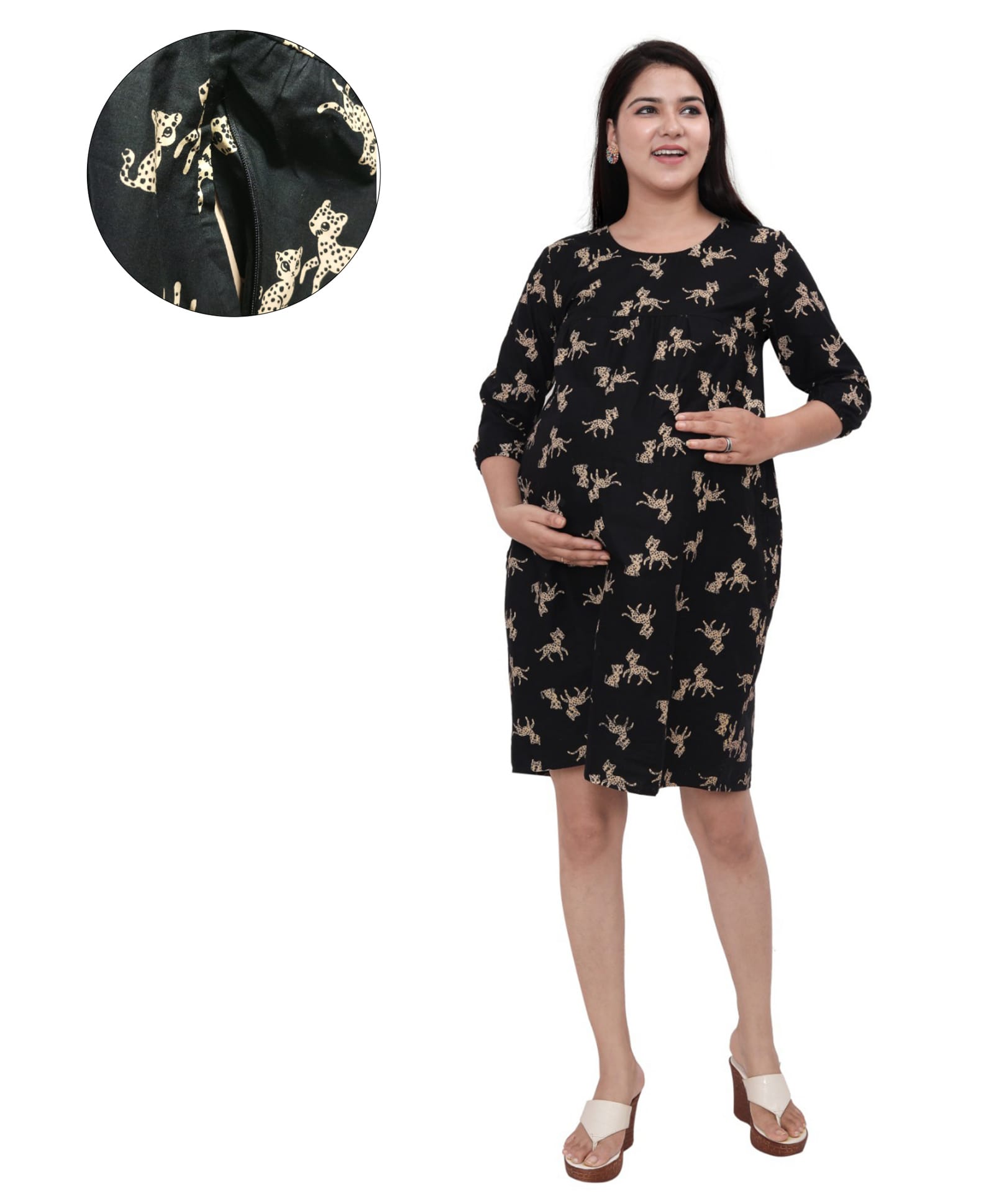 Mama & Bebe Cotton Woven Three Fourth Sleeves Animals Printed Maternity Dress With Side Zipper Nursing Access - Black-image-19