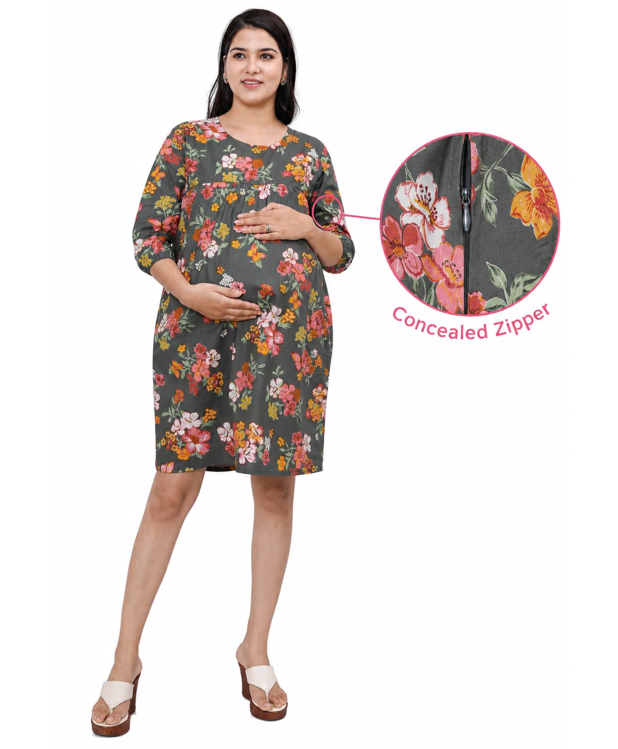 Mama & Bebe Cotton Woven Three Fourth Sleeves Floral Printed Maternity Dress With Side Zipper Nursing Access - Olive-picture-29