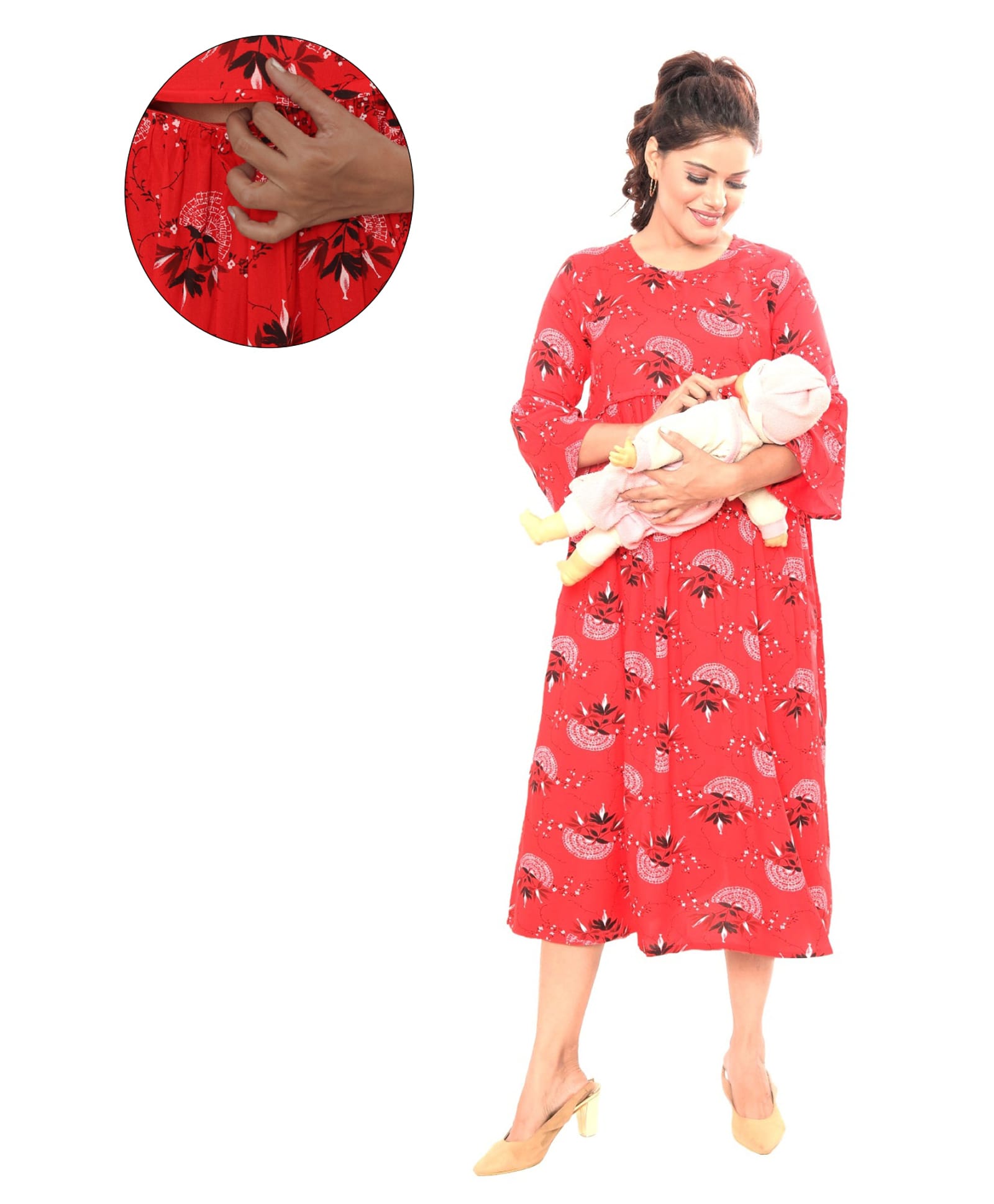 Mama & Bebe Rayon Woven Three Fourth Sleeves Floral Printed Maternity Dress With Overlap Nursing Access - Red-picture-31