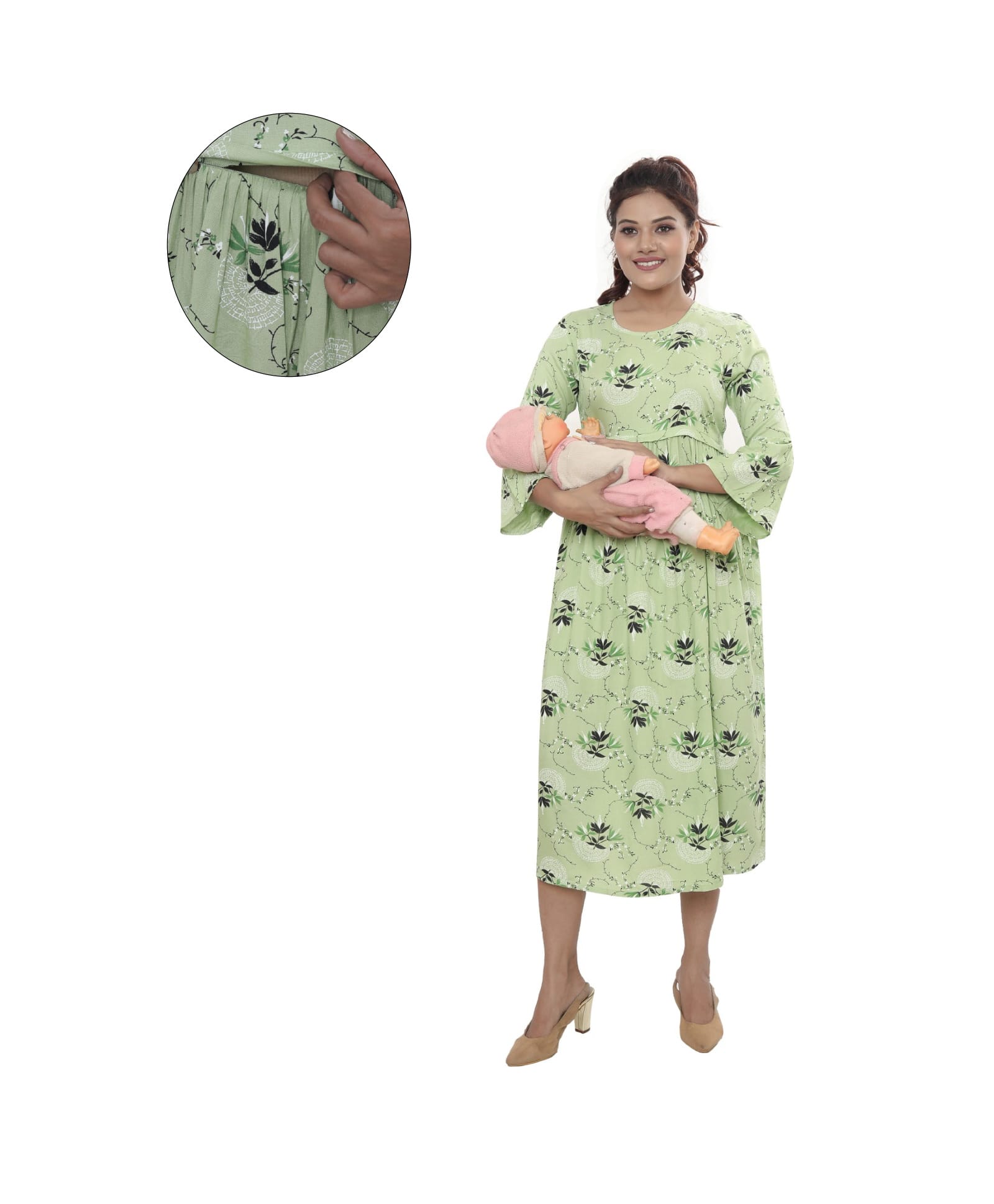 Mama & Bebe Rayon Woven Three Fourth Sleeves Floral Printed Maternity Dress With Overlap Nursing Access - Pista-picture-30