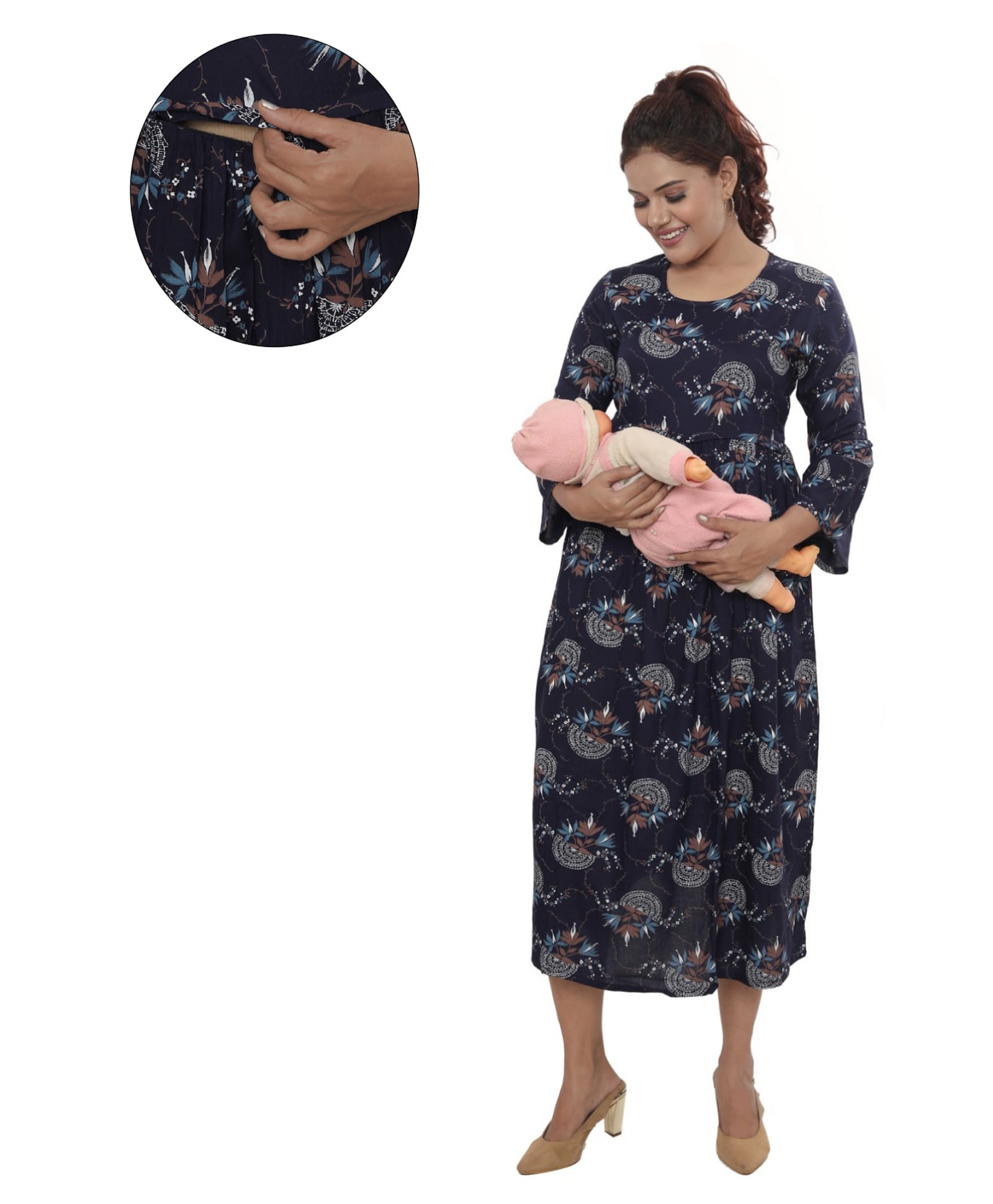 Mama & Bebe Rayon Woven Three Fourth Sleeves Floral Printed Maternity Dress With Overlap Nursing Access - Navy Blue-picture-32