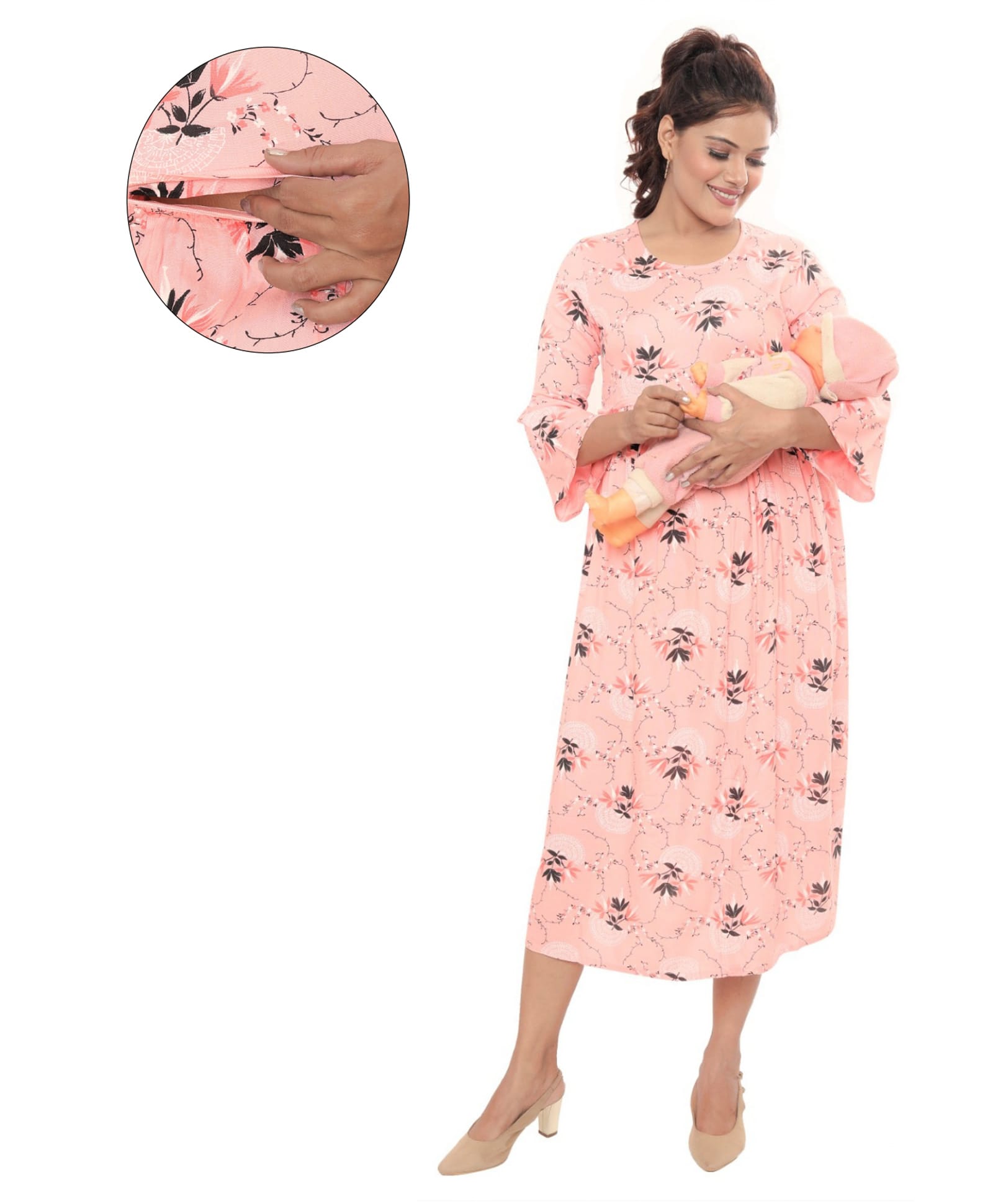 Mama & Bebe Rayon Woven Three Fourth Sleeves Floral Printed Maternity Dress With Overlap Nursing Access - Peach-picture-29