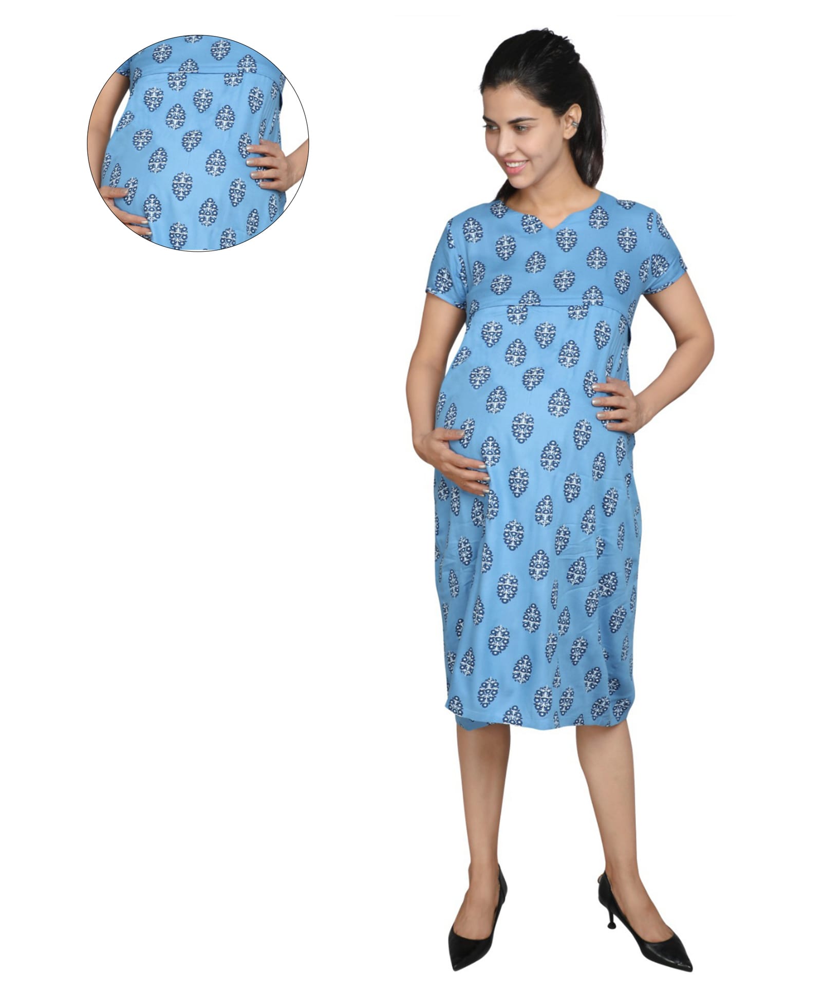Mama & Bebe Rayon Woven Half Sleeves Floral Printed Maternity Dress - Blue-picture-32