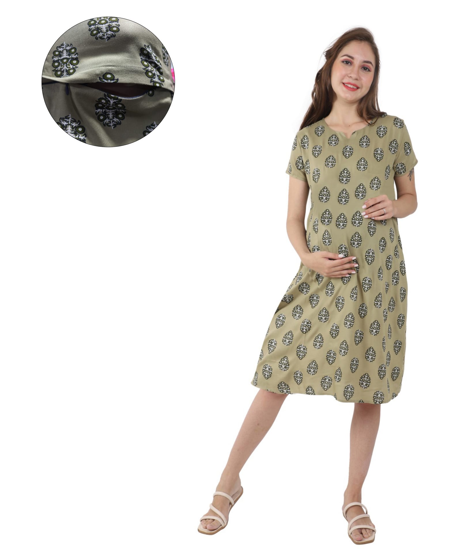 Mama & Bebe Rayon Woven Half Sleeves Floral Printed Maternity Dress - Olive-picture-30