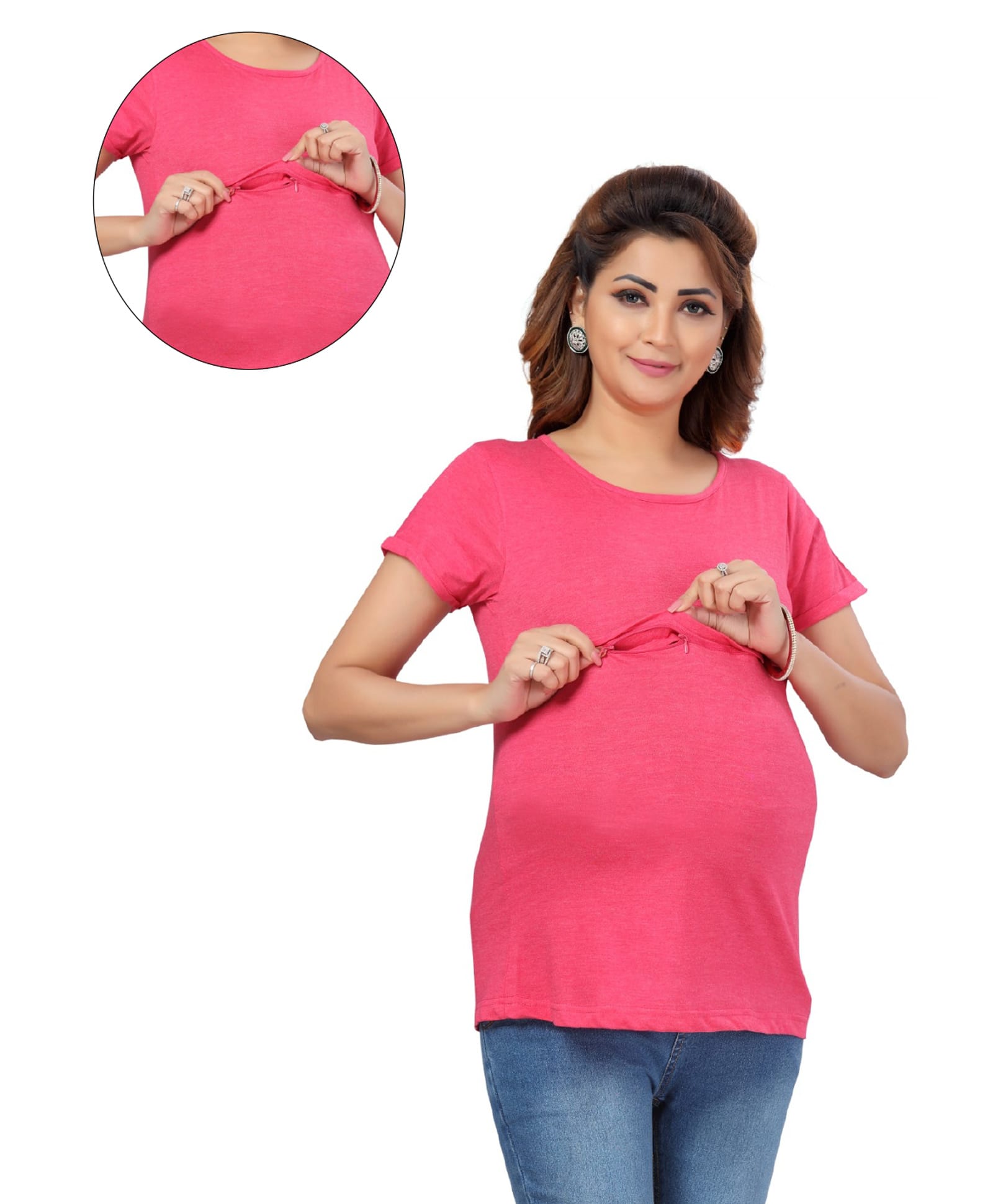 Mama & Bebe Knitted Knit Half Sleeves Center Zipper Nursing Access Solid Tee - Pink-picture-15