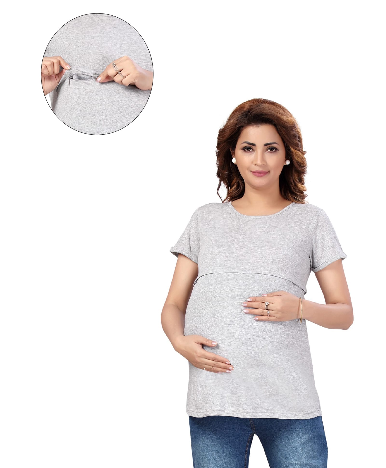 Mama & Bebe Knitted knit Half Sleeves Center Zipper Nursing Access Solid Tee - Grey Melange-picture-14