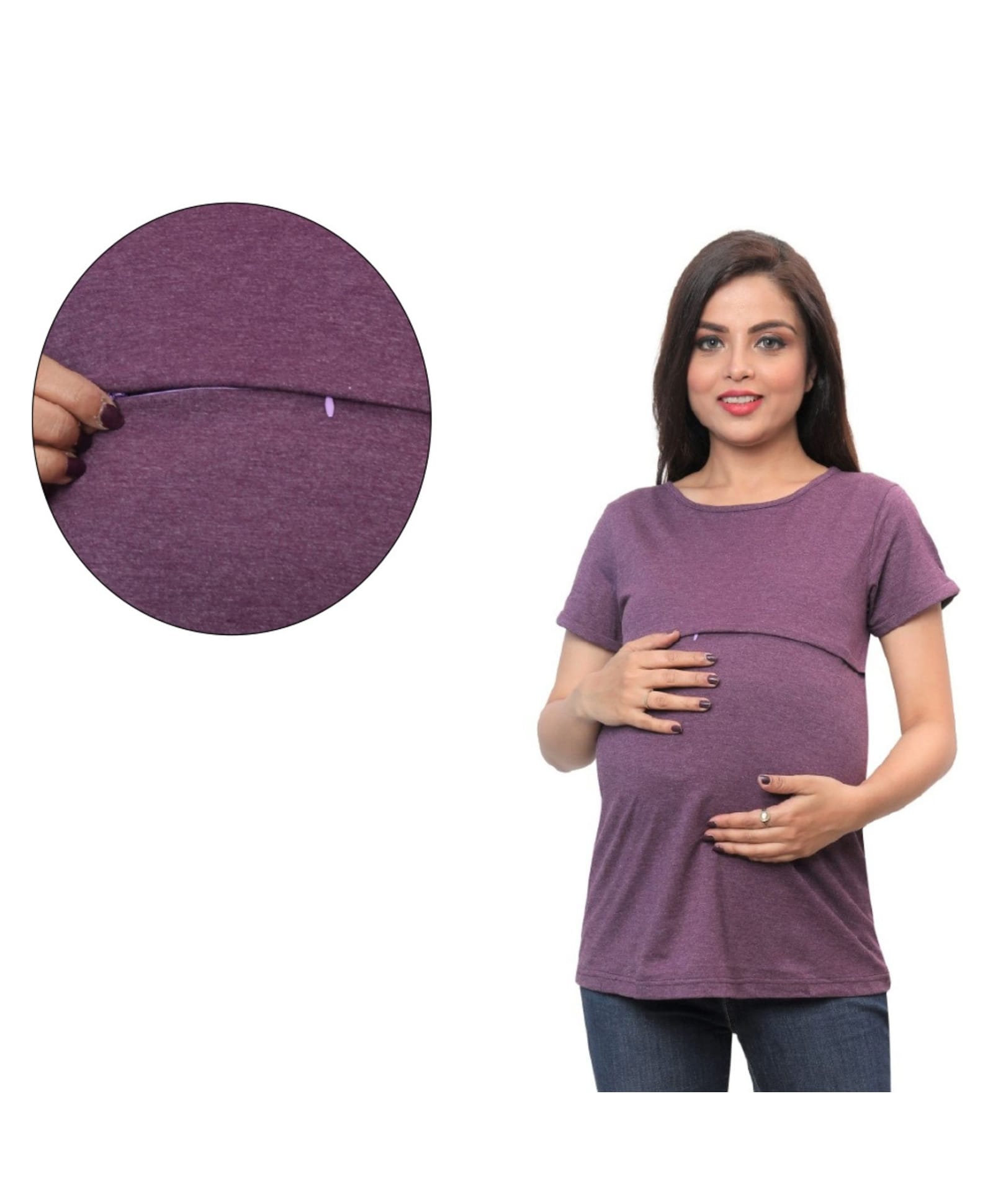 Mama & Bebe Knitted Knit Half Sleeves Solid Maternity Tee With Overlap Zipper Nursing Access - Grape Purple-picture-12