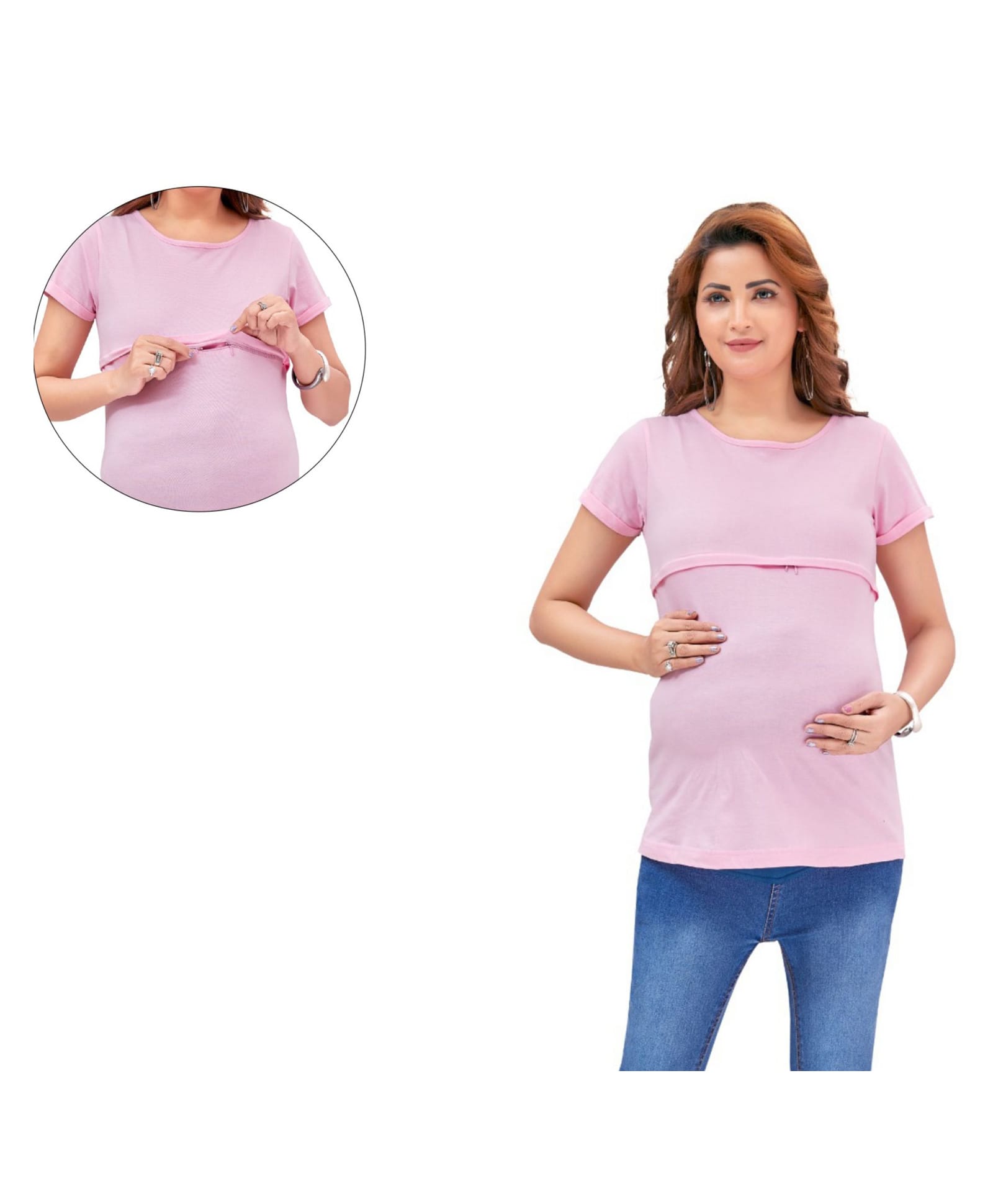 Mama & Bebe Knitted Knit Half Sleeves Solid Maternity Tee With Overlap Zipper Nursing Access - Pink-picture-13