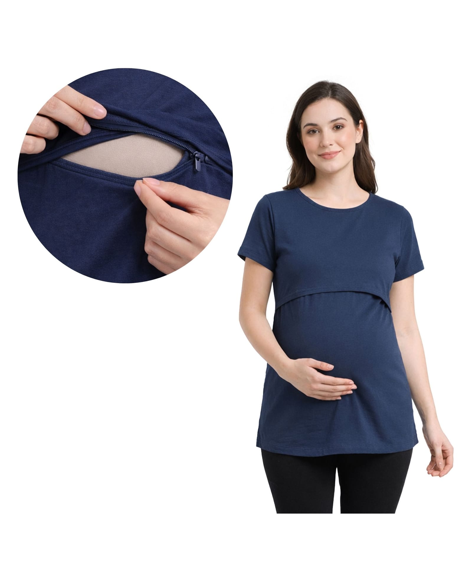 Mama & Bebe Knitted knit Half Sleeves Center Zipper Nursing Access Solid Tee - Navy Blue-image-48