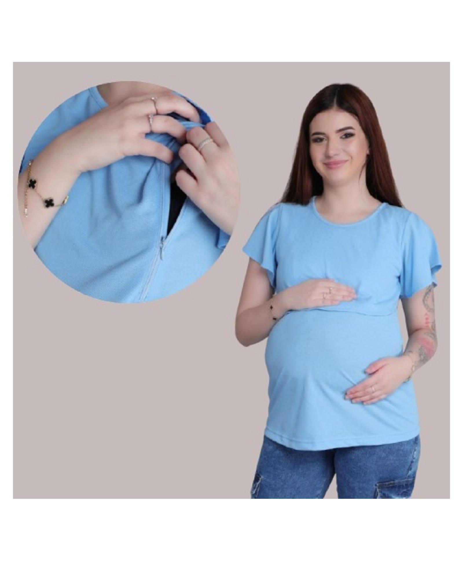 Mama & Bebe Knitted Half Sleeves Side Zipper Nursing Access Solid Tee - Sky Blue-image-33