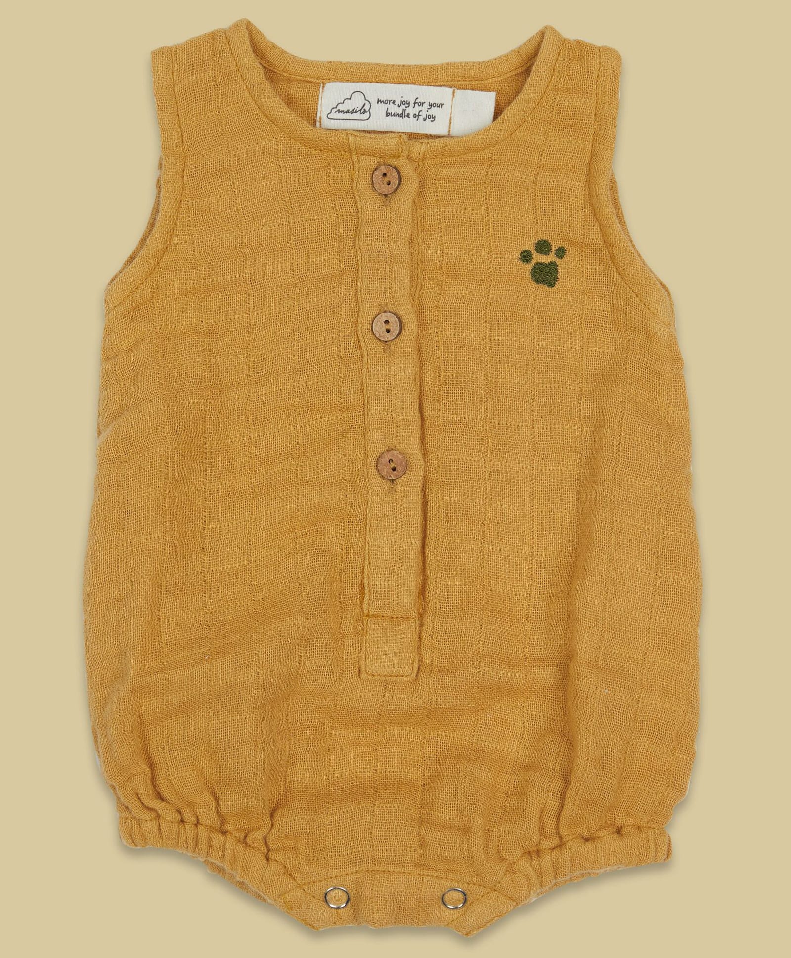 Masilo Cotton Blend Woven Sleeveless Paw Print Embroidered Onesie - Ochre-image-24