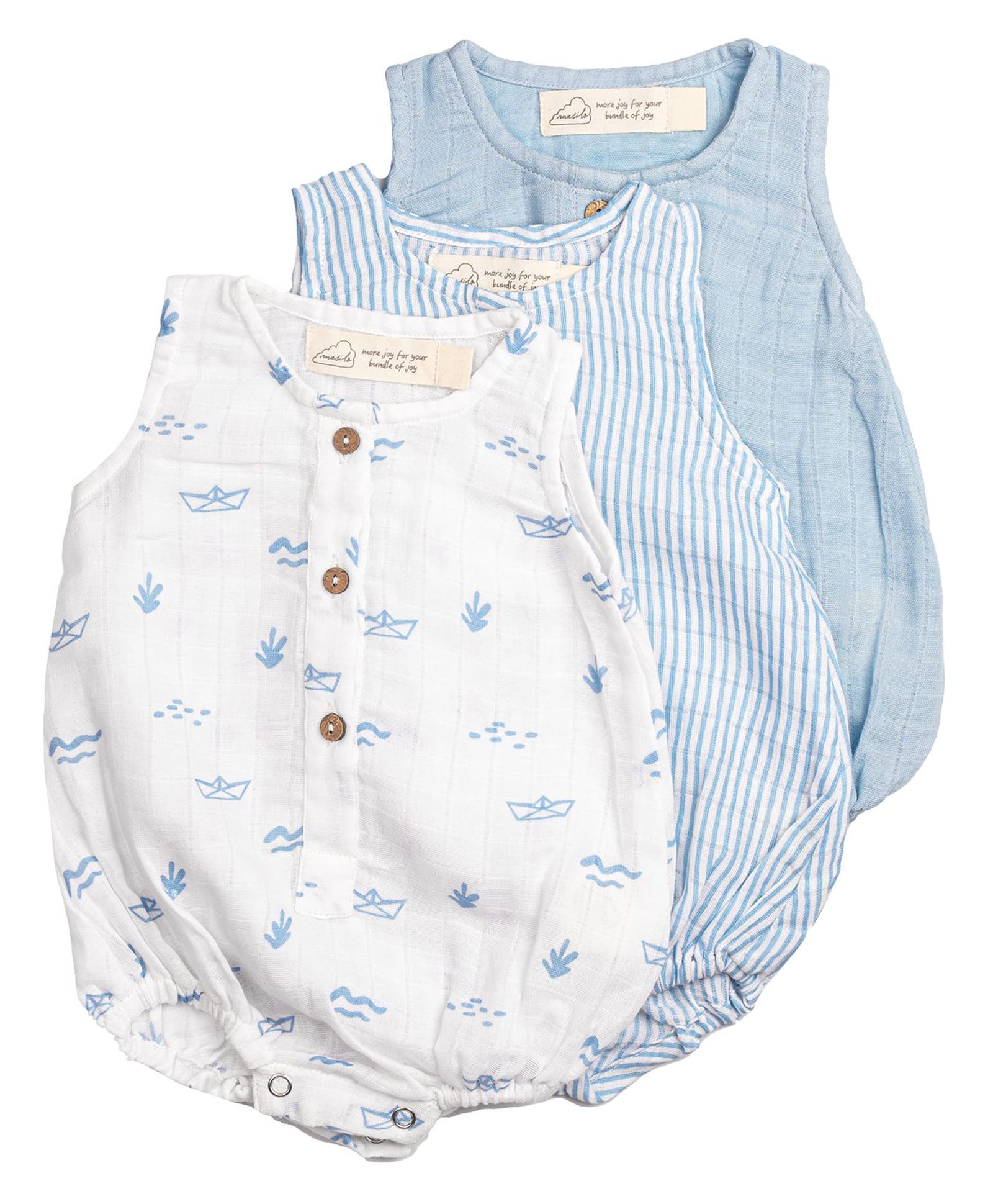 Masilo Cotton Blend Woven Pack Of 3 Sleeveless Striped & Paper Boat Printed Onesies - Sea Breeze Blue-image-26