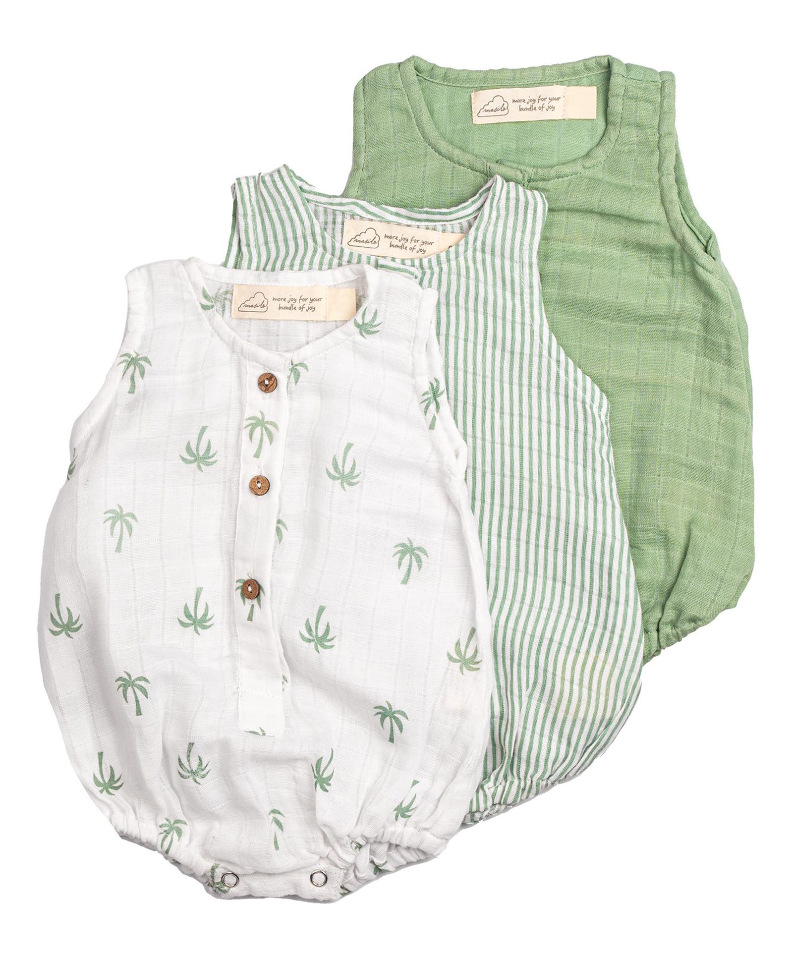 Masilo Cotton Blend Woven Pack Of 3 Sleeveless Striped & Palm Trees Printed Onesies - Palm Paradise Green-image-30