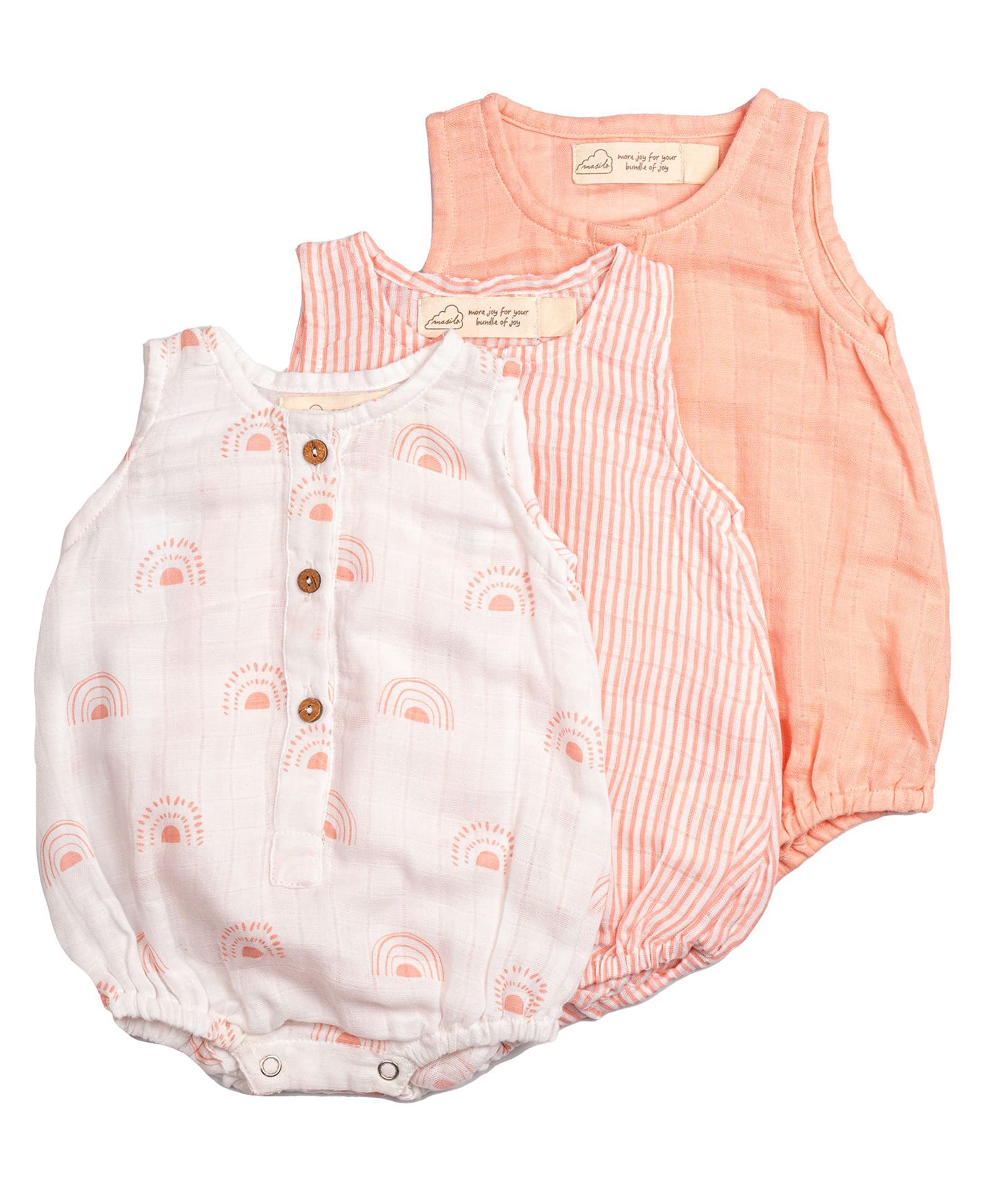 Masilo Cotton Blend Woven Pack Of 3 Sleeveless Striped & Rainbows Printed Onesies - Over The Rainbow Pink-image-23