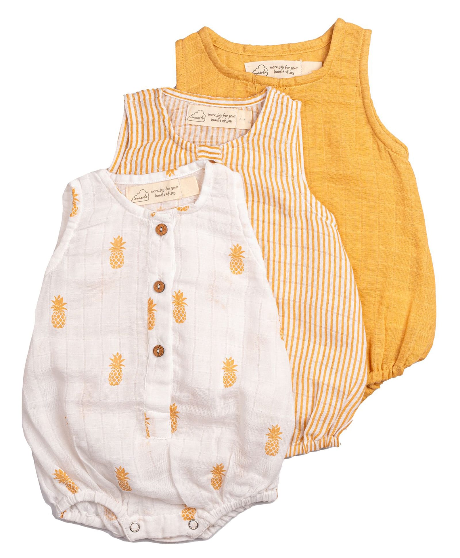 Masilo Cotton Blend Woven Pack Of 3 Sleeveless Striped & Pineapple Printed Onesies - Pineapple Bliss Yellow-picture-4