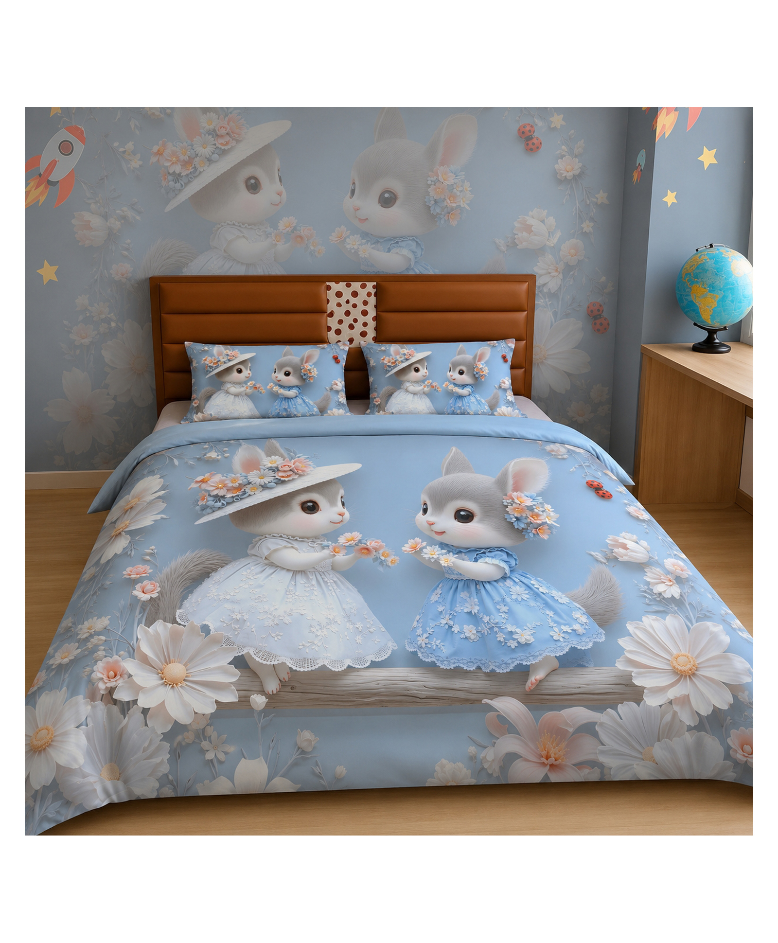 BHAIJI BEDSHEETS 220TC Glace Cotton Bed Sheet Double Bed With 2 Pillow Covers Full HD Digital Prints - Sky Blue Rabbit-image-17