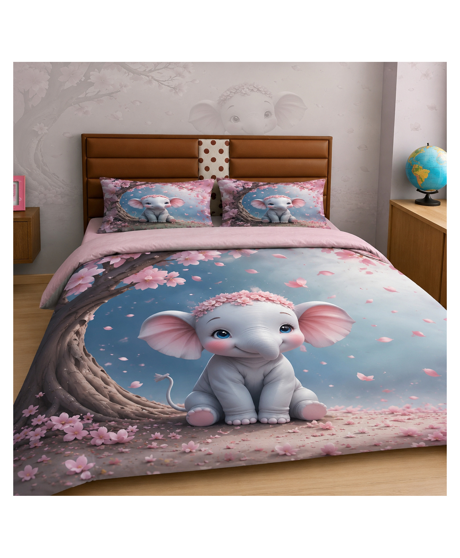 BhaiJi Bedsheets 220TC Glace Cotton Bed Sheet Double Bed With 2 Pillow Covers Full HD Digital Prints - Elephant Baby Under Tree-image-2