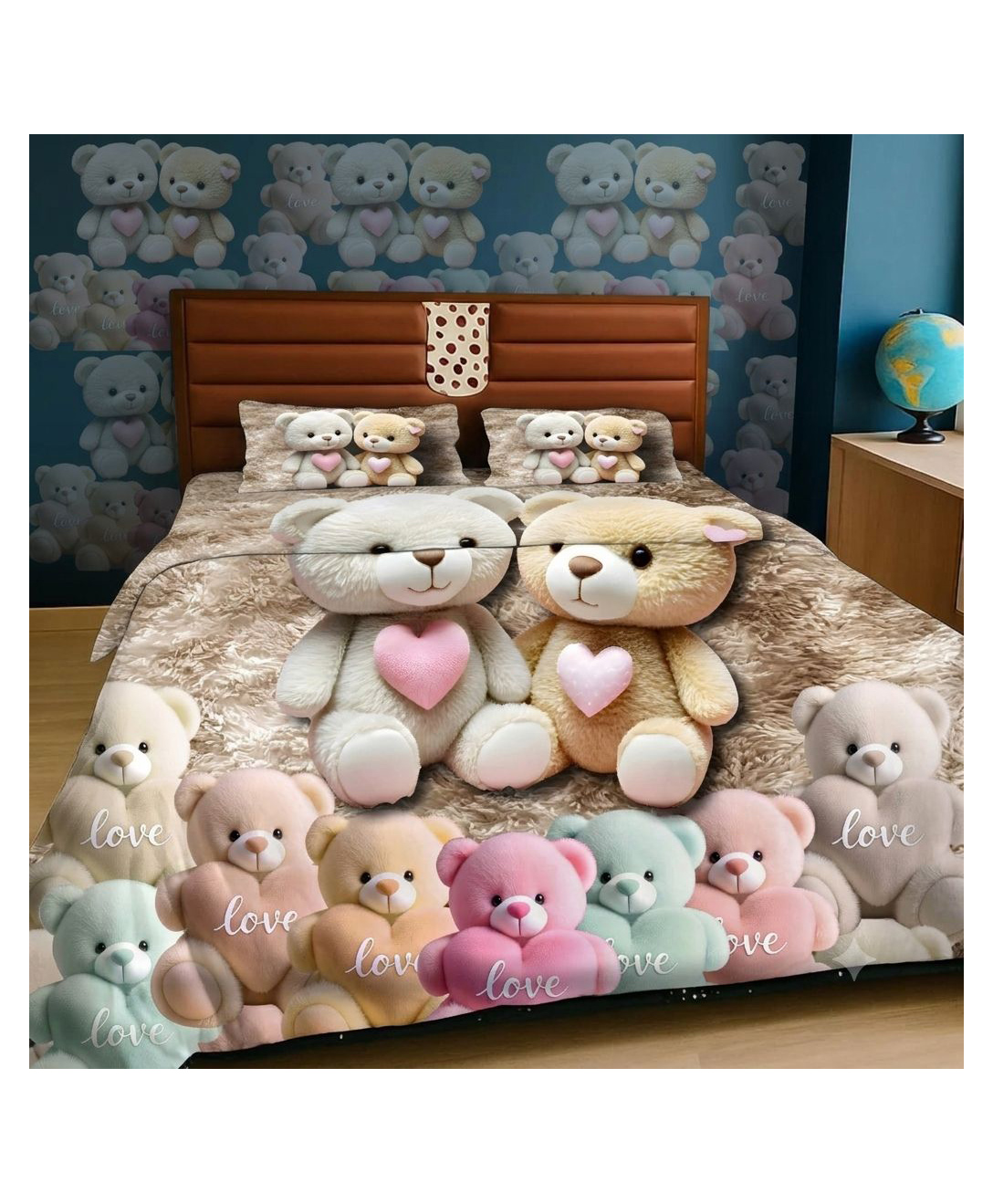 BhaiJi Bedsheets 220TC Glace Cotton Bed Sheet Double Bed With 2 Pillow Covers Full HD Digital Prints - Love Teddy-image-38