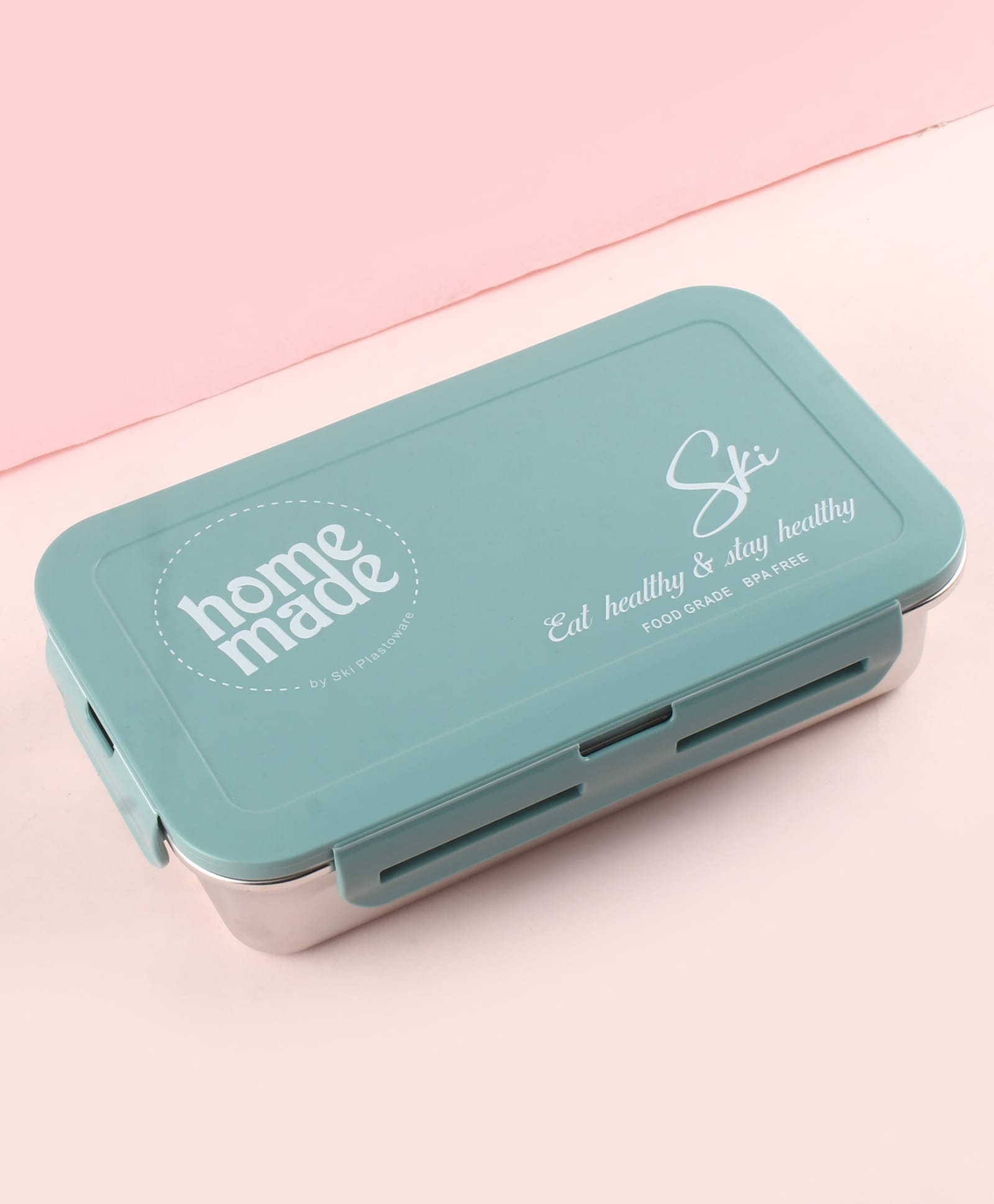 SKI Plastoware RELISH Single Wall Steel Lunch Box with Leak-Proof Container & Spoon - Light Blue-image-9
