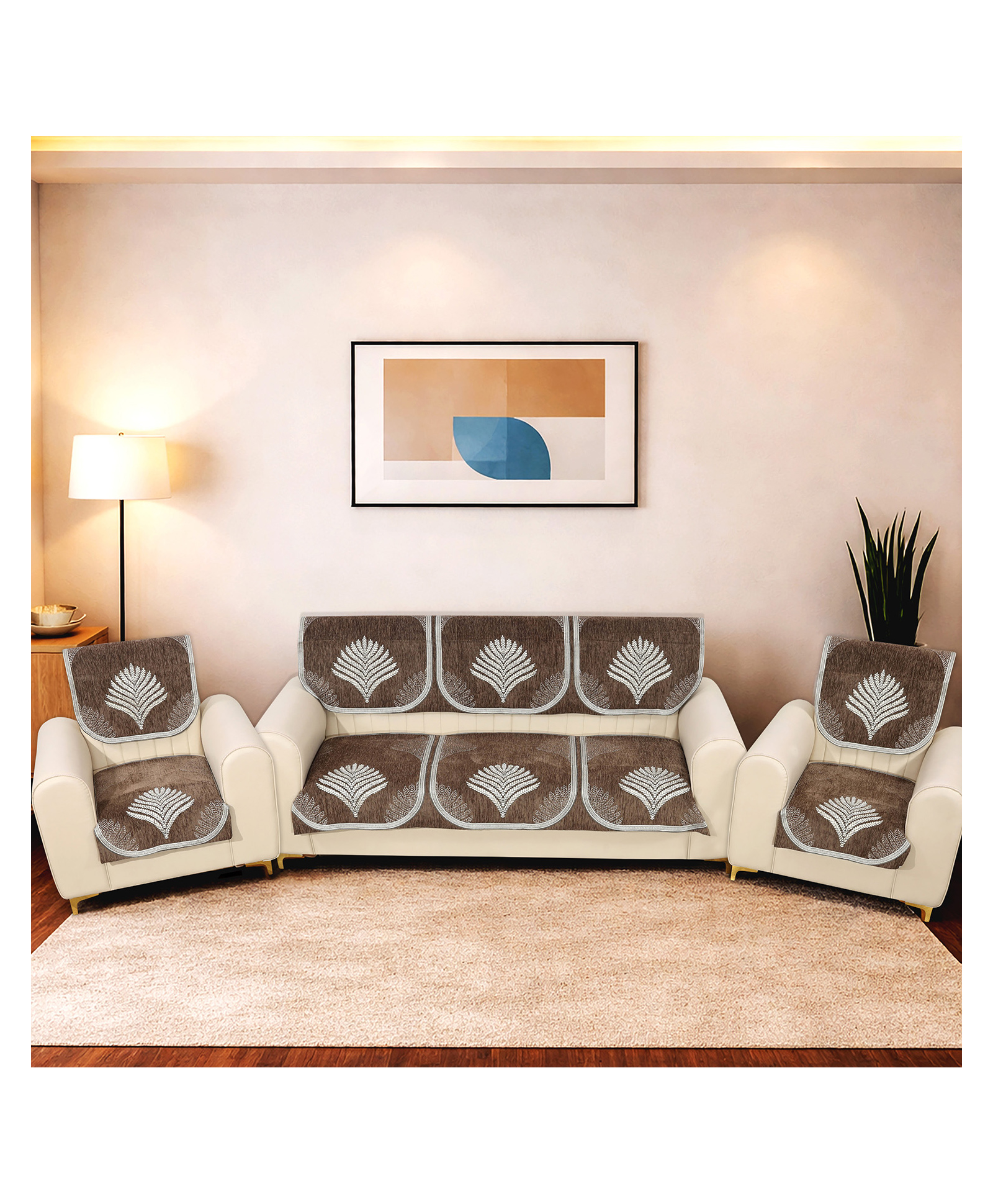 Morado Premium Chenille Sofa Cover Set for 5 Seater Sofa (3+1+1) | 10 Pcs Ultra Soft Washable Anti-Slip Furniture Protector | Brown Leaf-picture-34