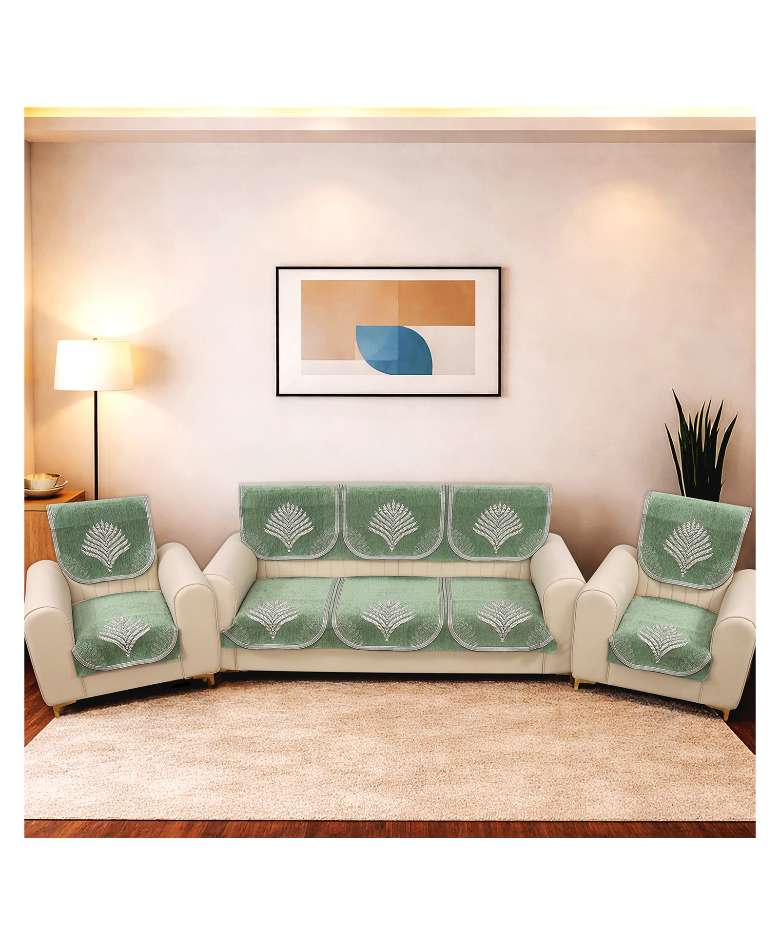 Morado Premium Chenille Sofa Cover Set for 5 Seater Sofa (3+1+1) | 10 Pcs Ultra Soft Washable Anti-Slip Furniture Protector | Green Leaf-picture-32