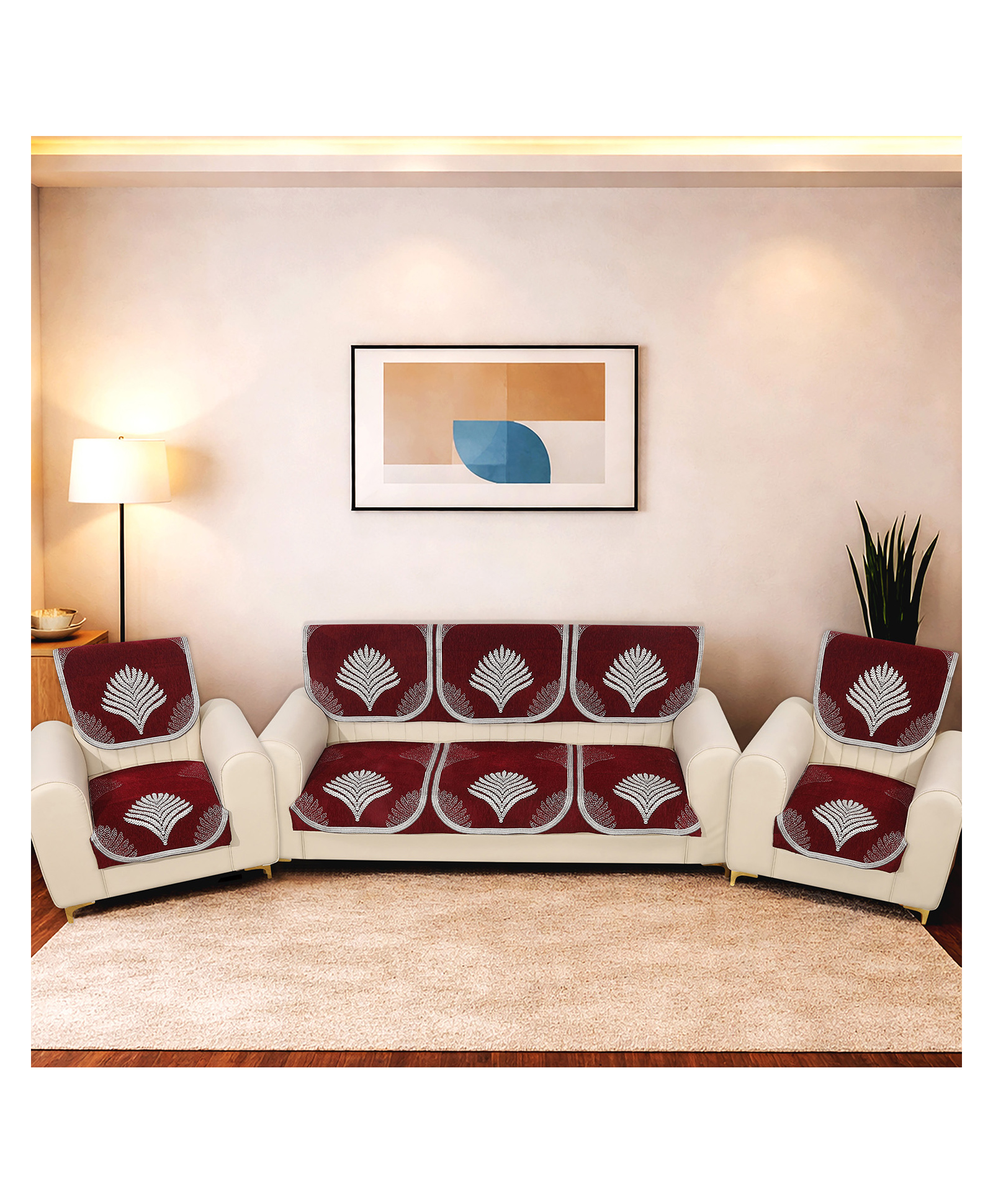 Morado Premium Chenille Sofa Cover Set for 5 Seater Sofa (3+1+1) | 10 Pcs Ultra Soft Washable Anti-Slip Furniture Protector | Maroon Leaf-picture-31