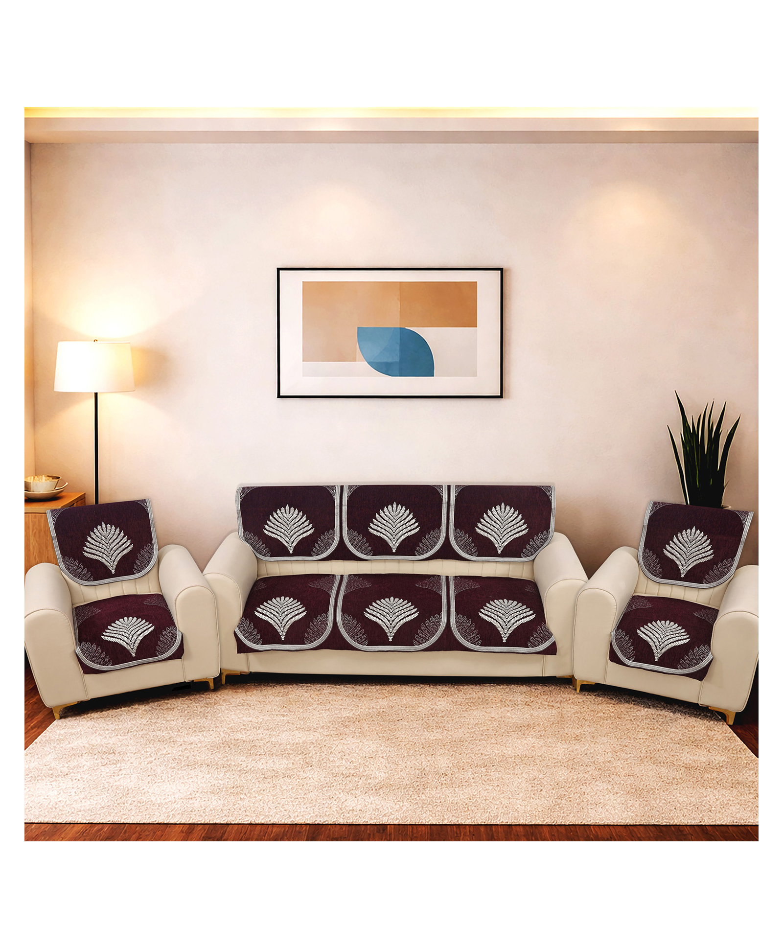 Morado Premium Chenille Sofa Cover Set for 5 Seater Sofa (3+1+1) | 10 Pcs Ultra Soft Washable Anti-Slip Furniture Protector | Mauve Leaf-picture-29