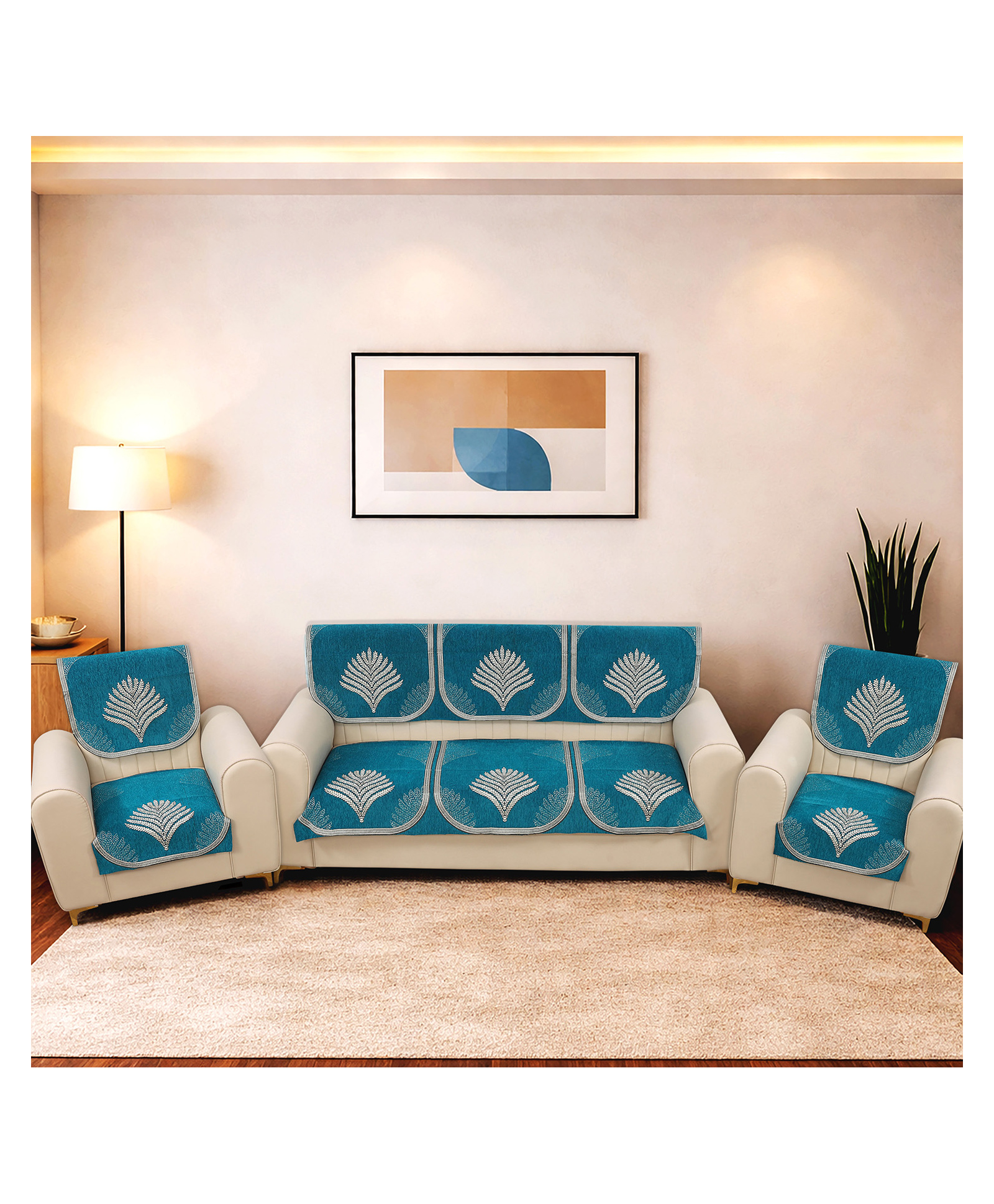Morado Premium Chenille Sofa Cover Set for 5 Seater Sofa (3+1+1) | 10 Pcs Ultra Soft Washable Anti-Slip Furniture Protector | Teal Leaf-picture-25