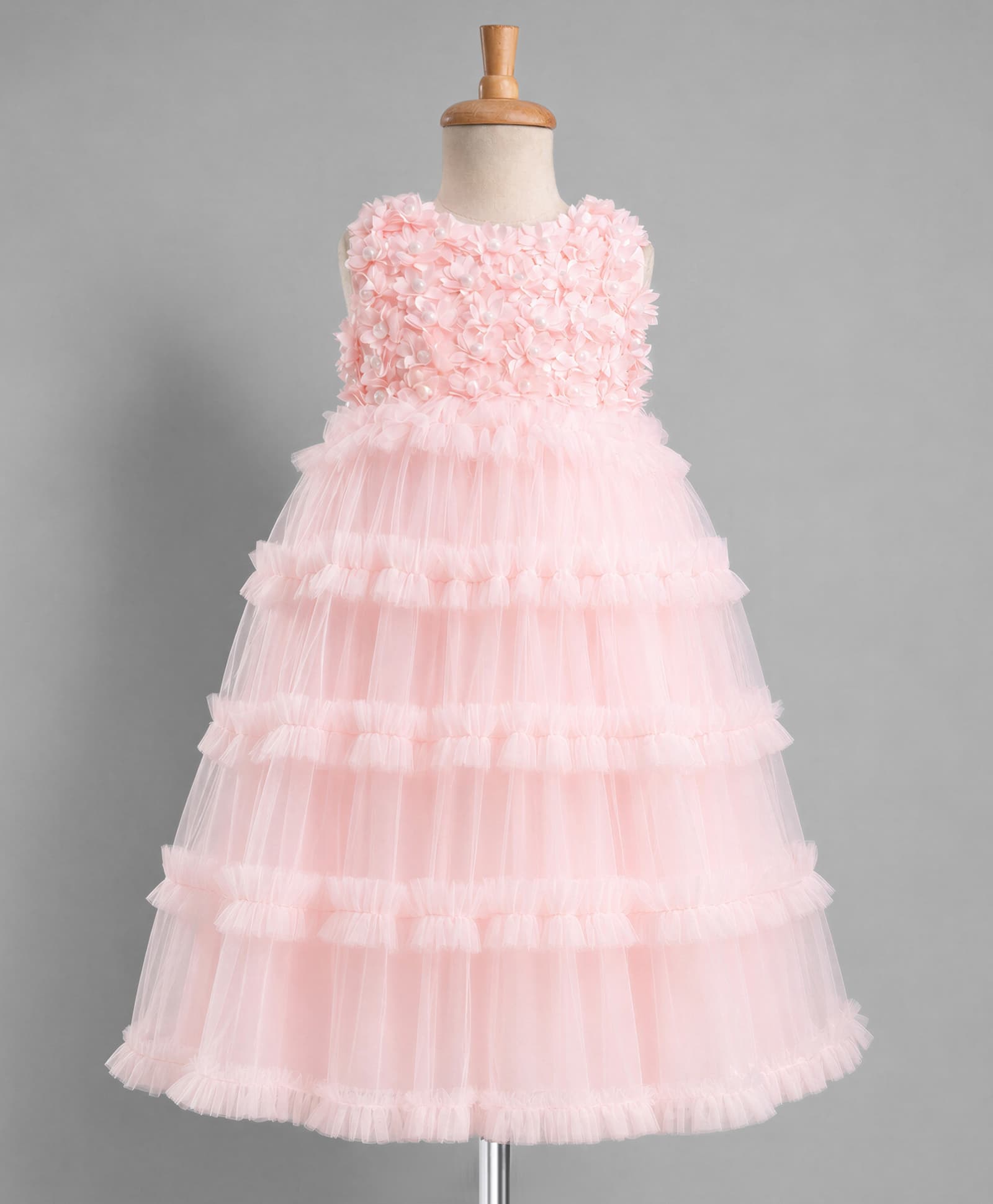 Babyhug Solid Mesh Woven and Sleeveless Party Gown with Applique Flowers - Pink-image-8