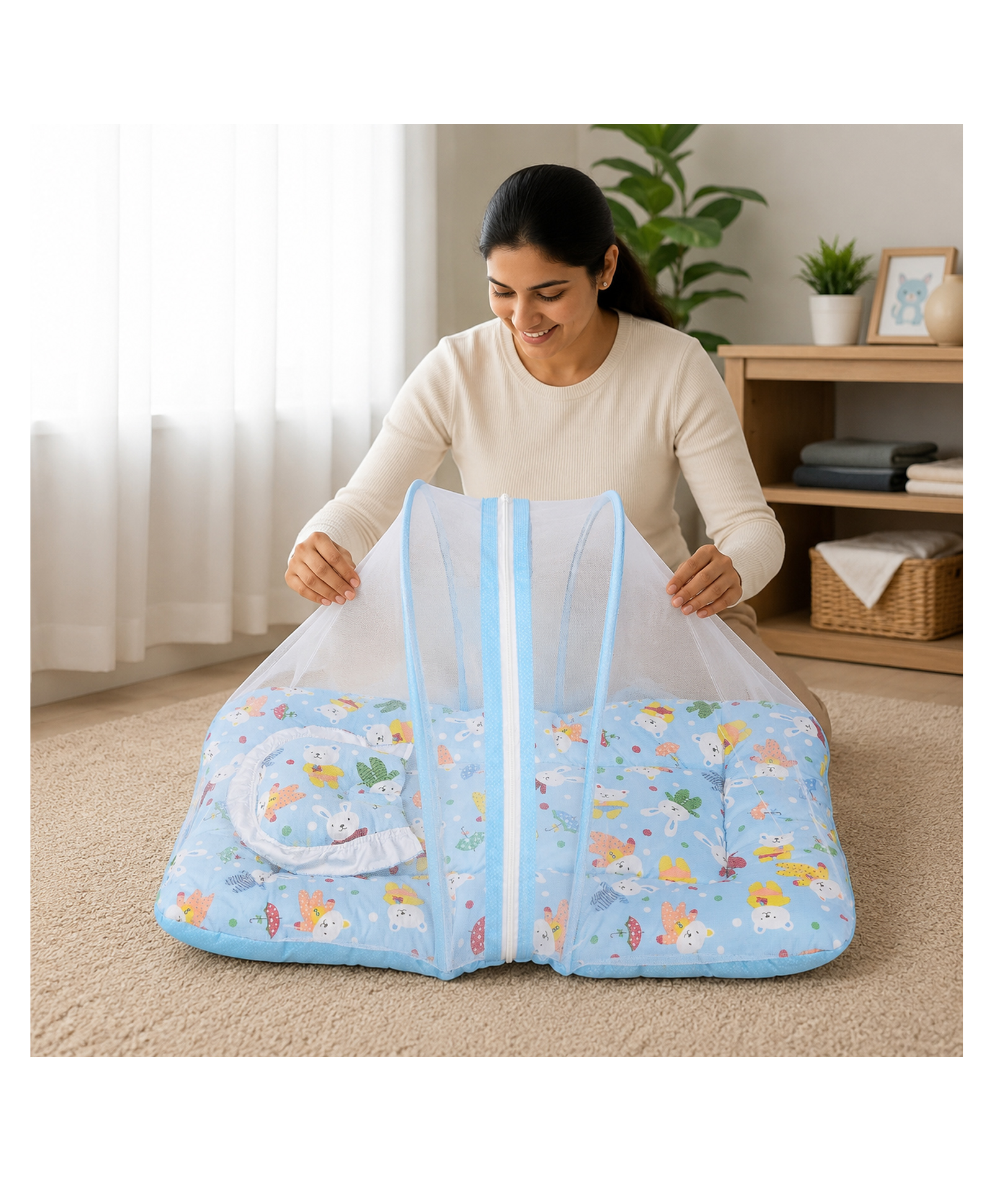 Babytoons Baby Bedding Set for New Born Infant Bed Mattress with Mosquito Net & Pillow - Blue-picture-14
