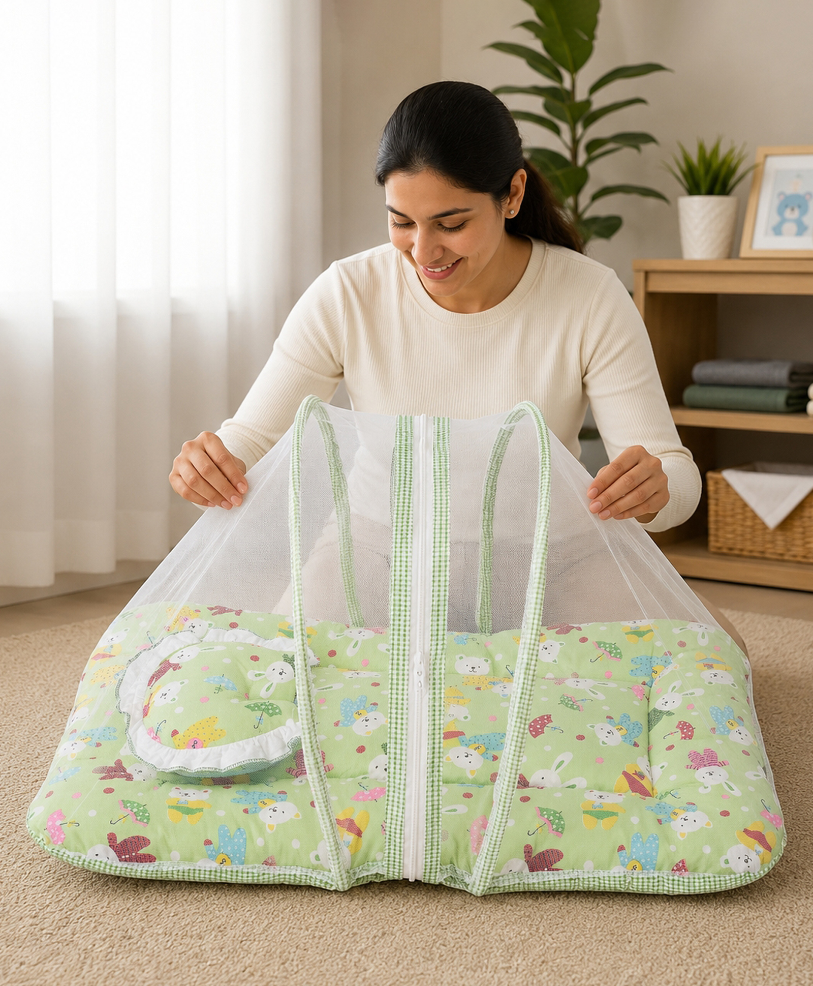 Babytoons Baby Bedding Set for New Born Infant Bed Mattress with Mosquito Net & Pillow - Green-picture-23